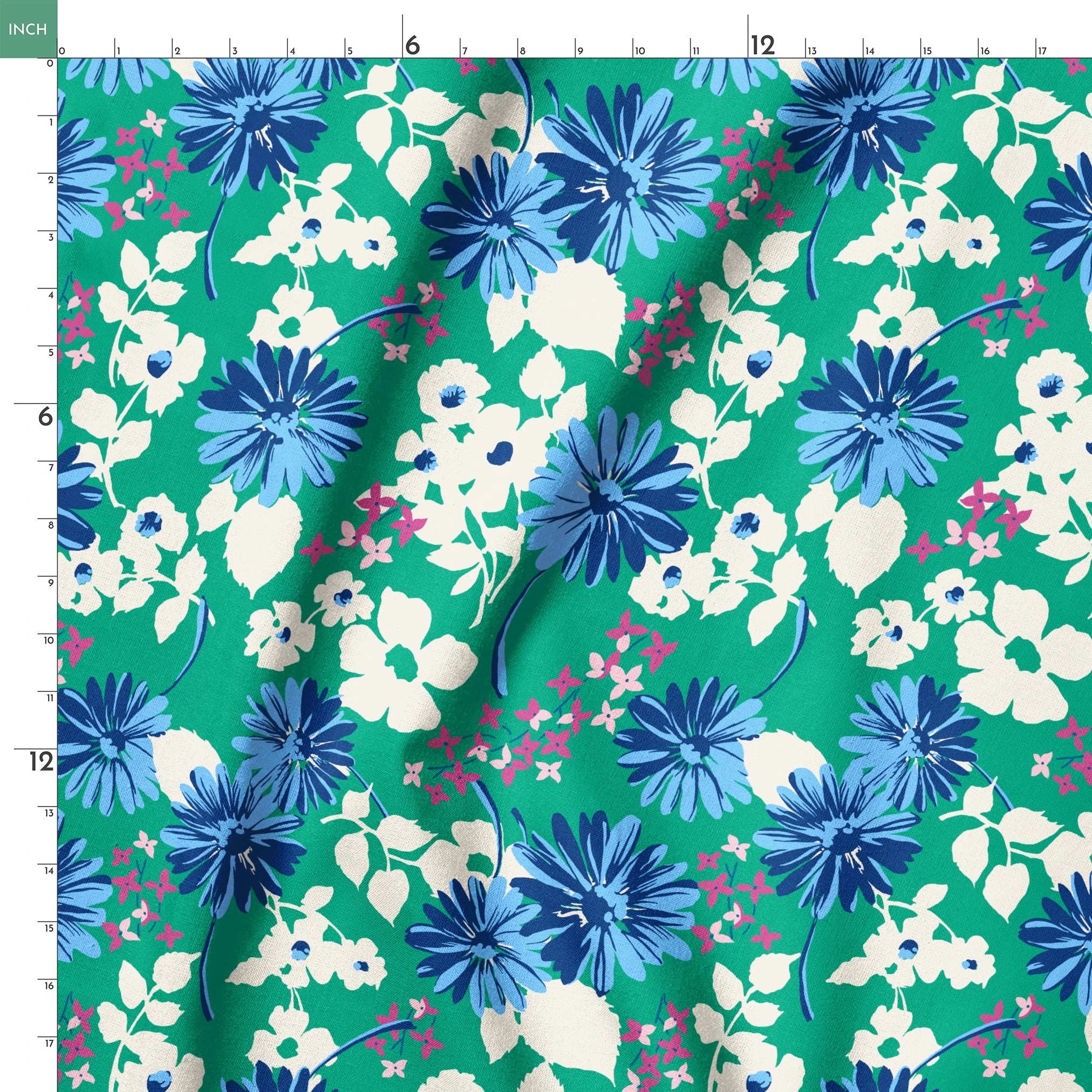Vibrant floral pattern with blue spiky flowers and white blooms on a green background springs ruler 18x18