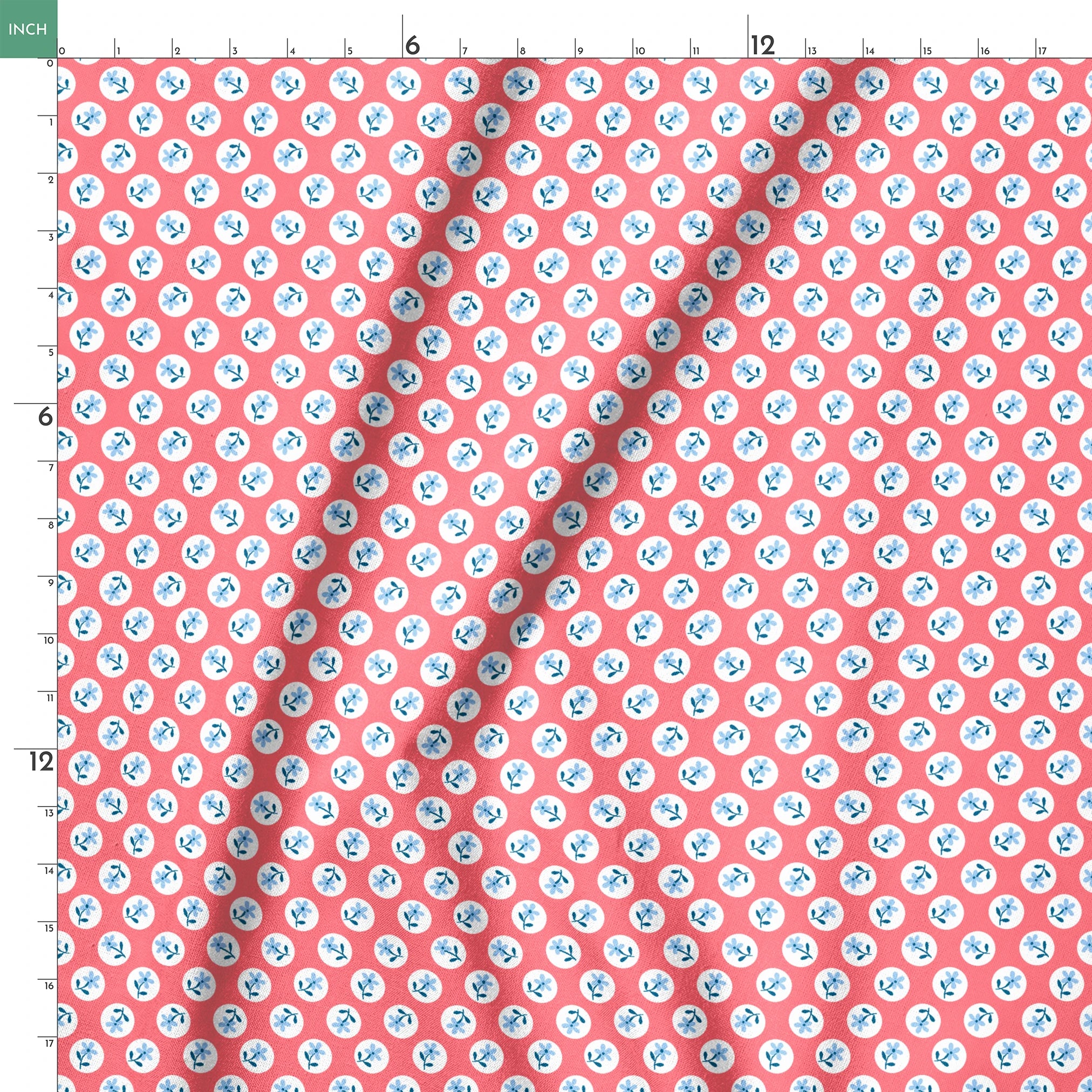 Coral pink background with white circles containing light blue floral designs arranged in a pattern springs ruler 18x18