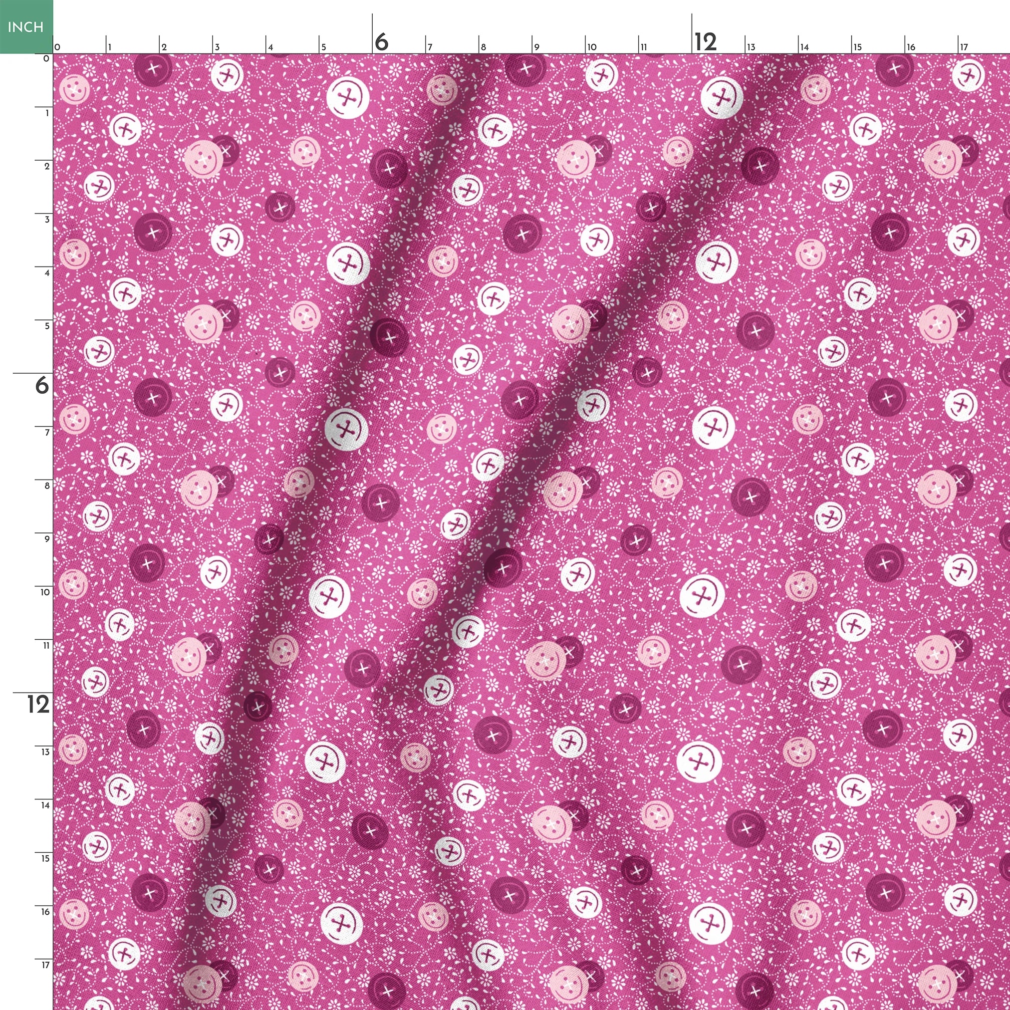 Magenta background with white floral pattern and buttons scattered throughout springs ruler 18x18