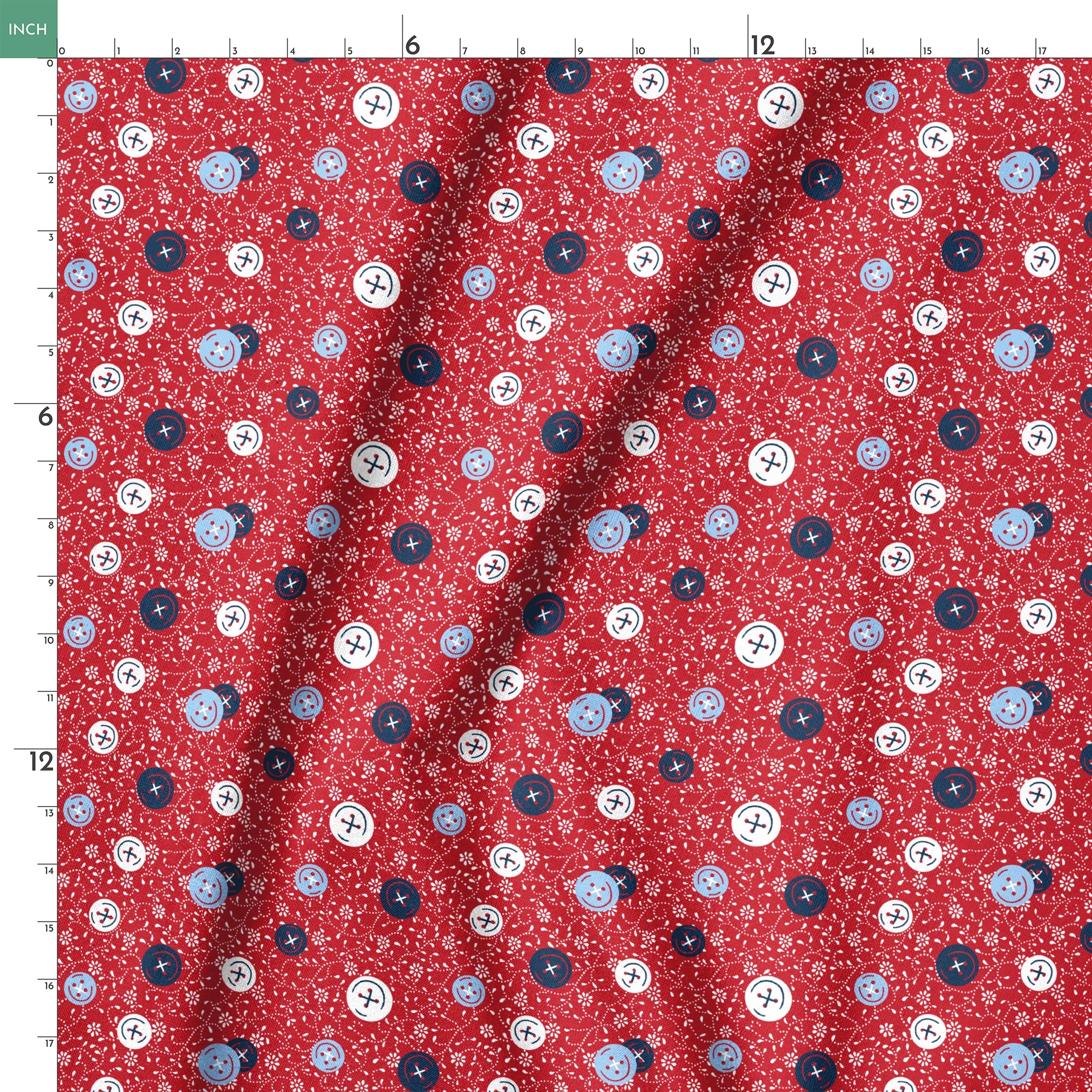 Red background with small white floral pattern featuring scattered button designs in blue, white, and navy cross details springs ruler 18x18