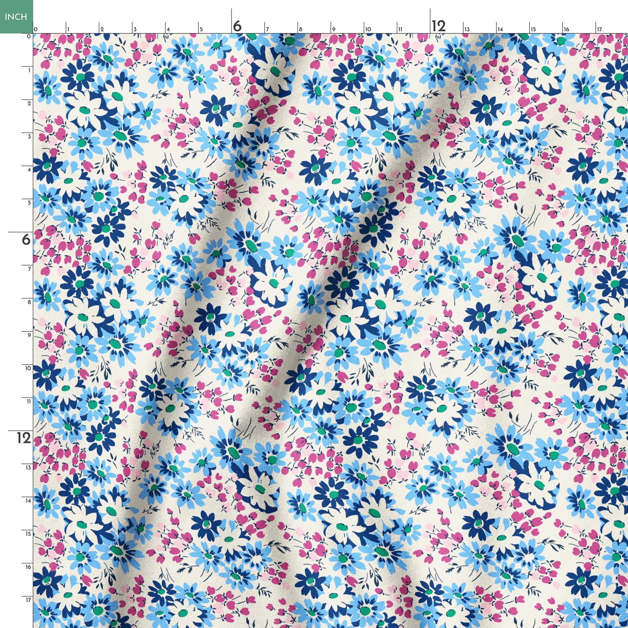 Floral pattern with blue, navy, and white daisies alongside small magenta berries on cream background springs ruler 18x18
