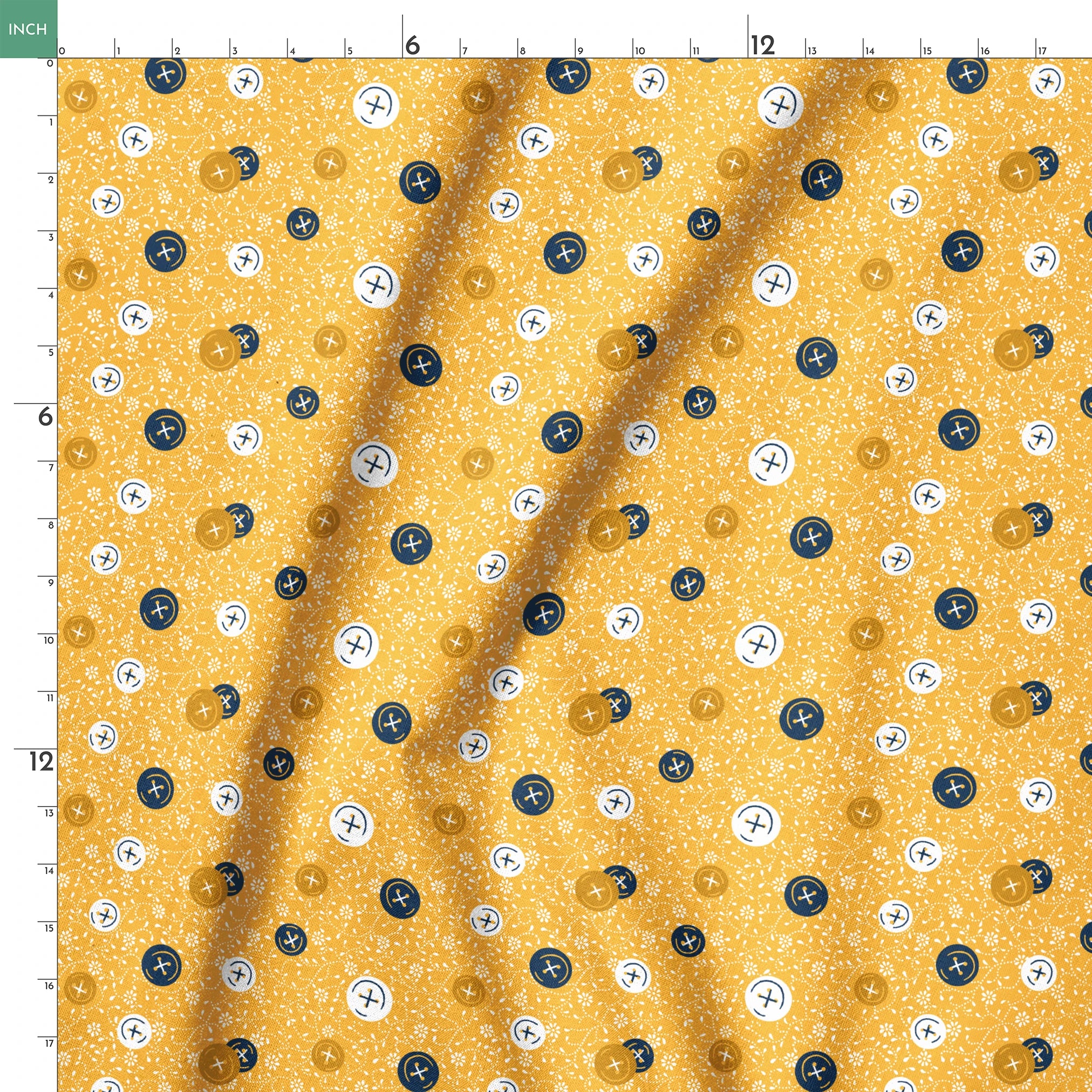Circular buttons with cross symbols in gold, navy, and white scattered on a gold floral background springs ruler 18x18