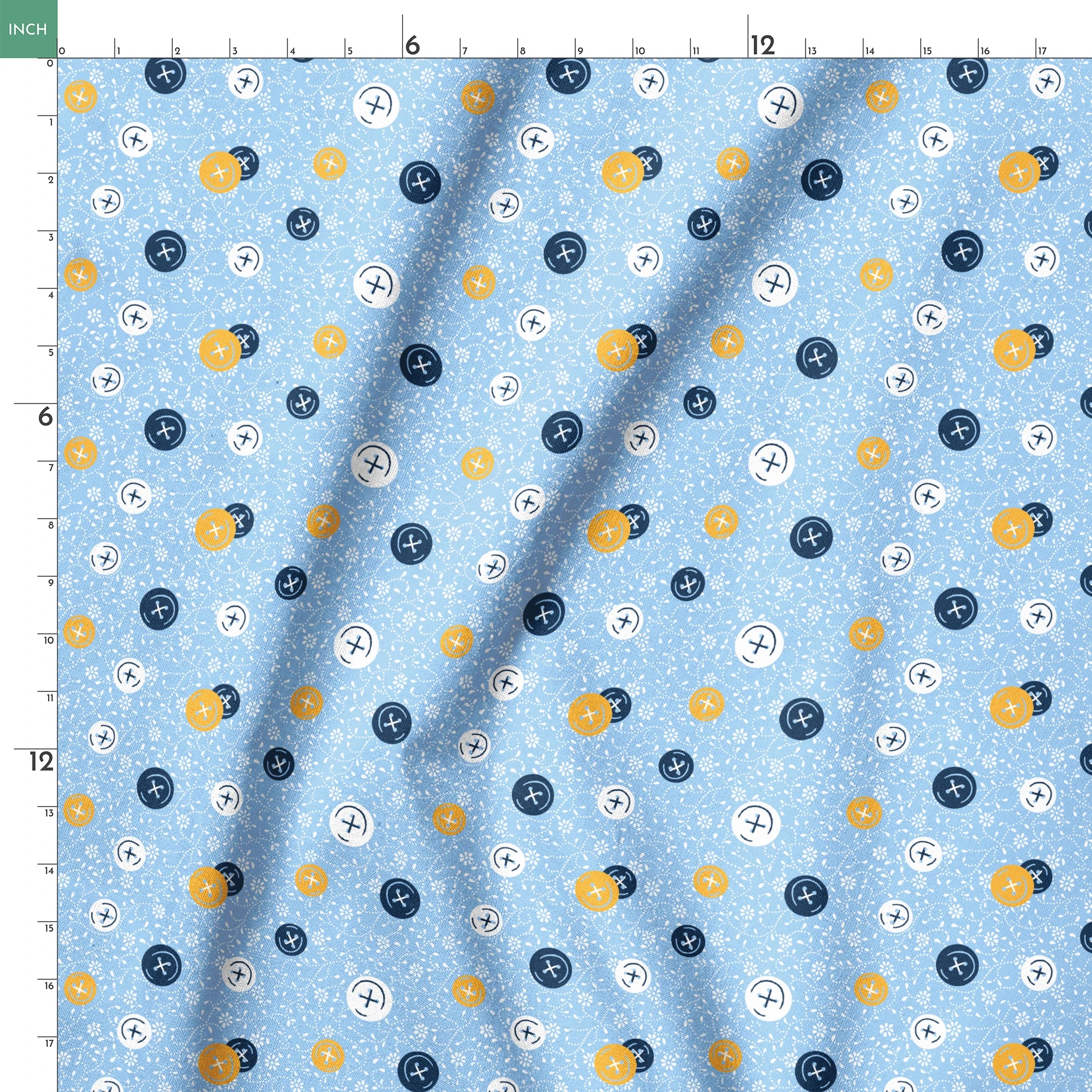 Blue background with scattered circular buttons in white, navy, and gold, each featuring cross designs, on a floral pattern. springs ruler 18x18