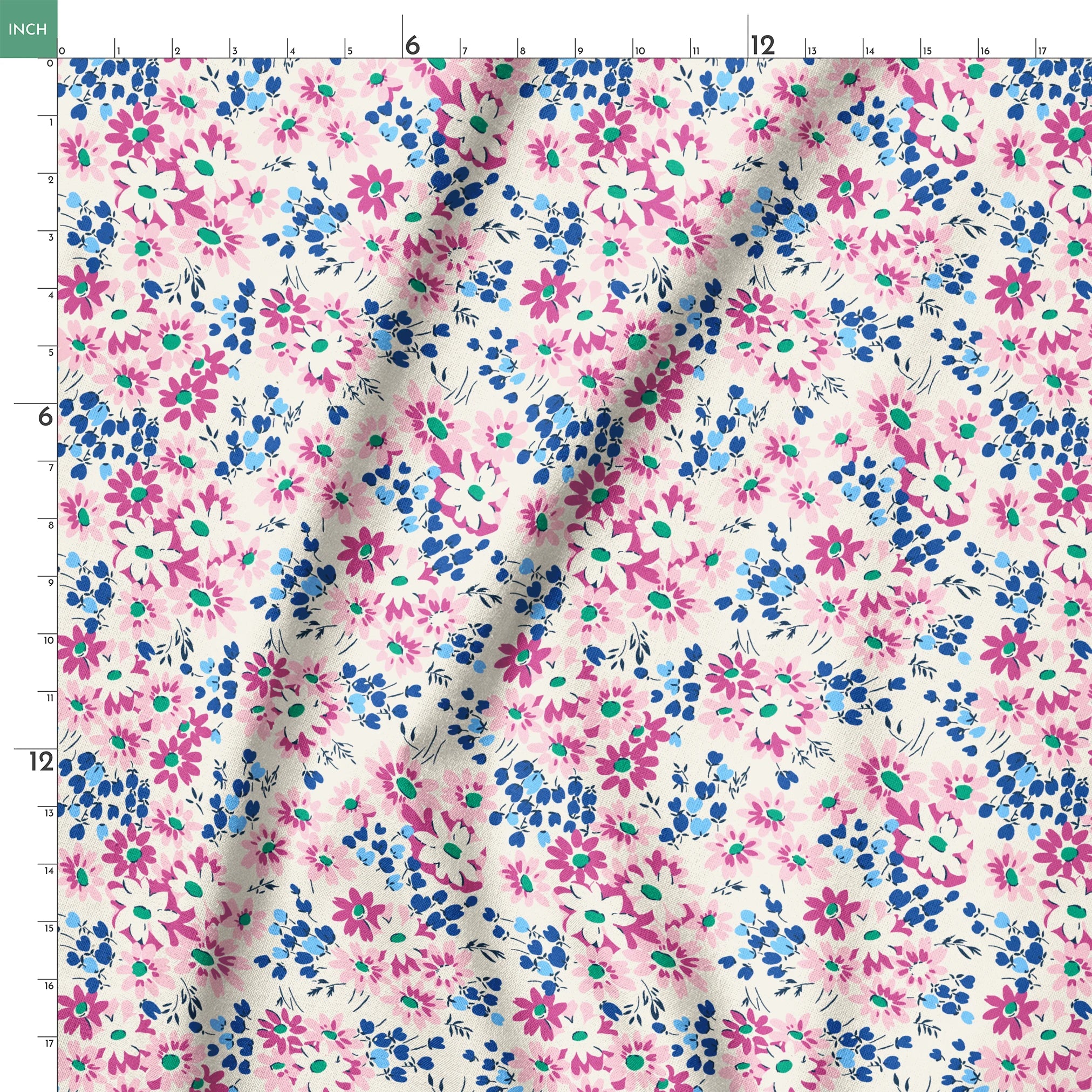 Colorful floral pattern with pink and magenta daisies, blue berries, and green accents on cream background springs ruler 18x18