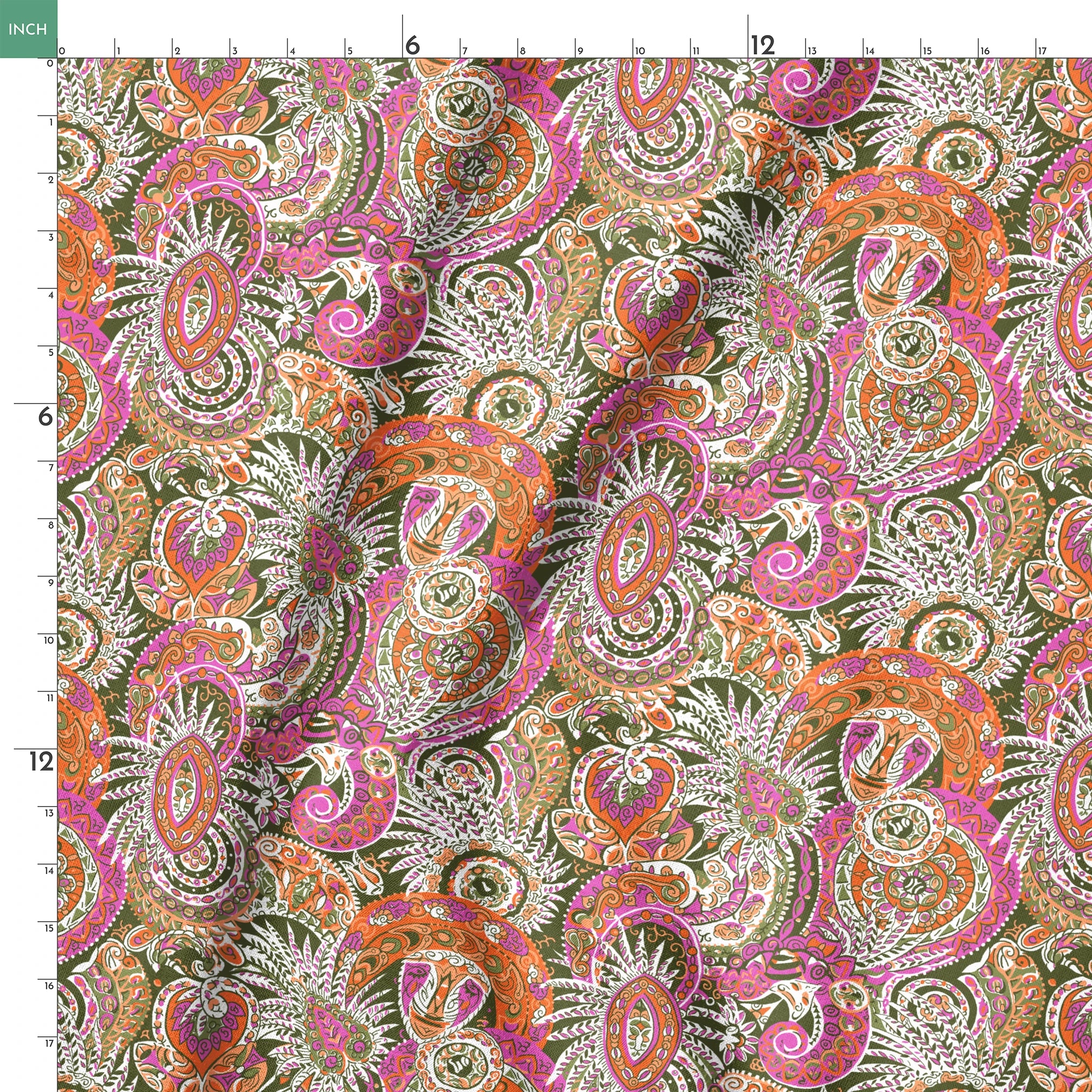 Vibrant paisley pattern with swirling designs in pink, orange, yellow and white on textured background springs ruler 18x18
