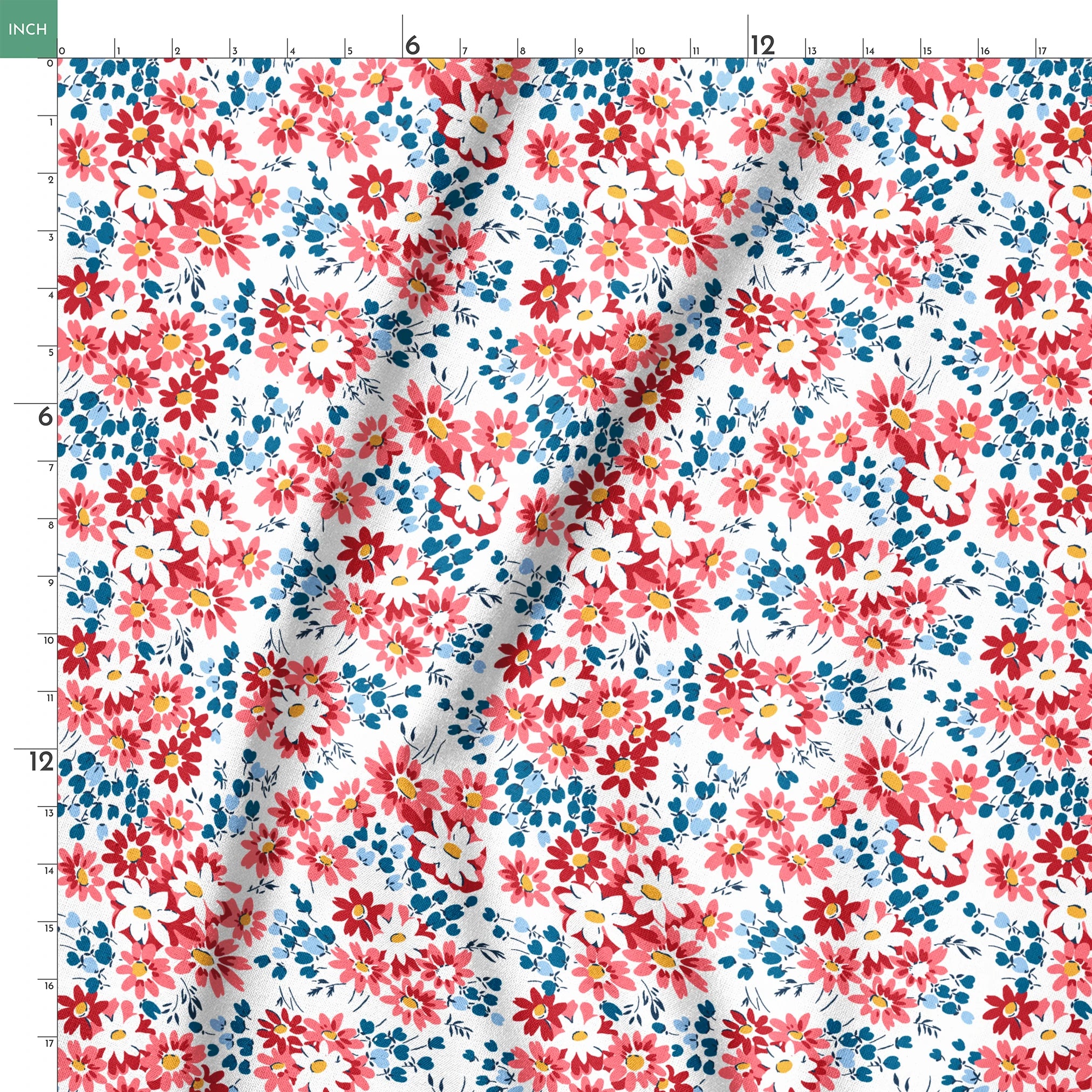 Colorful floral pattern with coral, red, and white daisies with yellow centers and teal leaves springs ruler 18x18