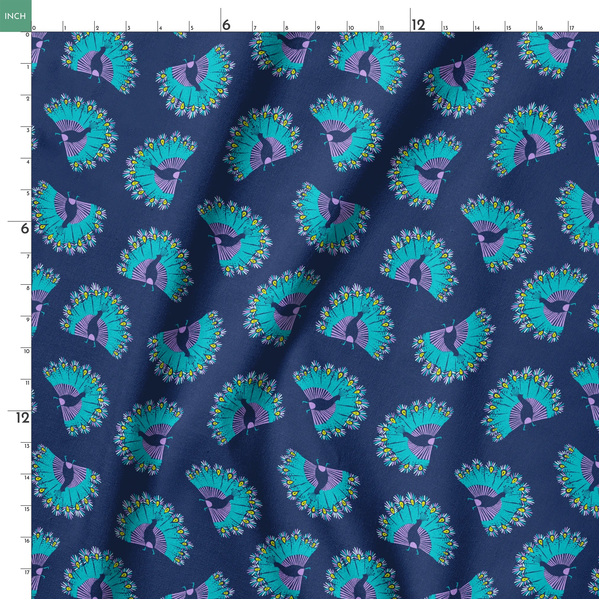Vibrant peacock-inspired pattern with teal and purple fan shapes on blue background springs ruler 18x18
