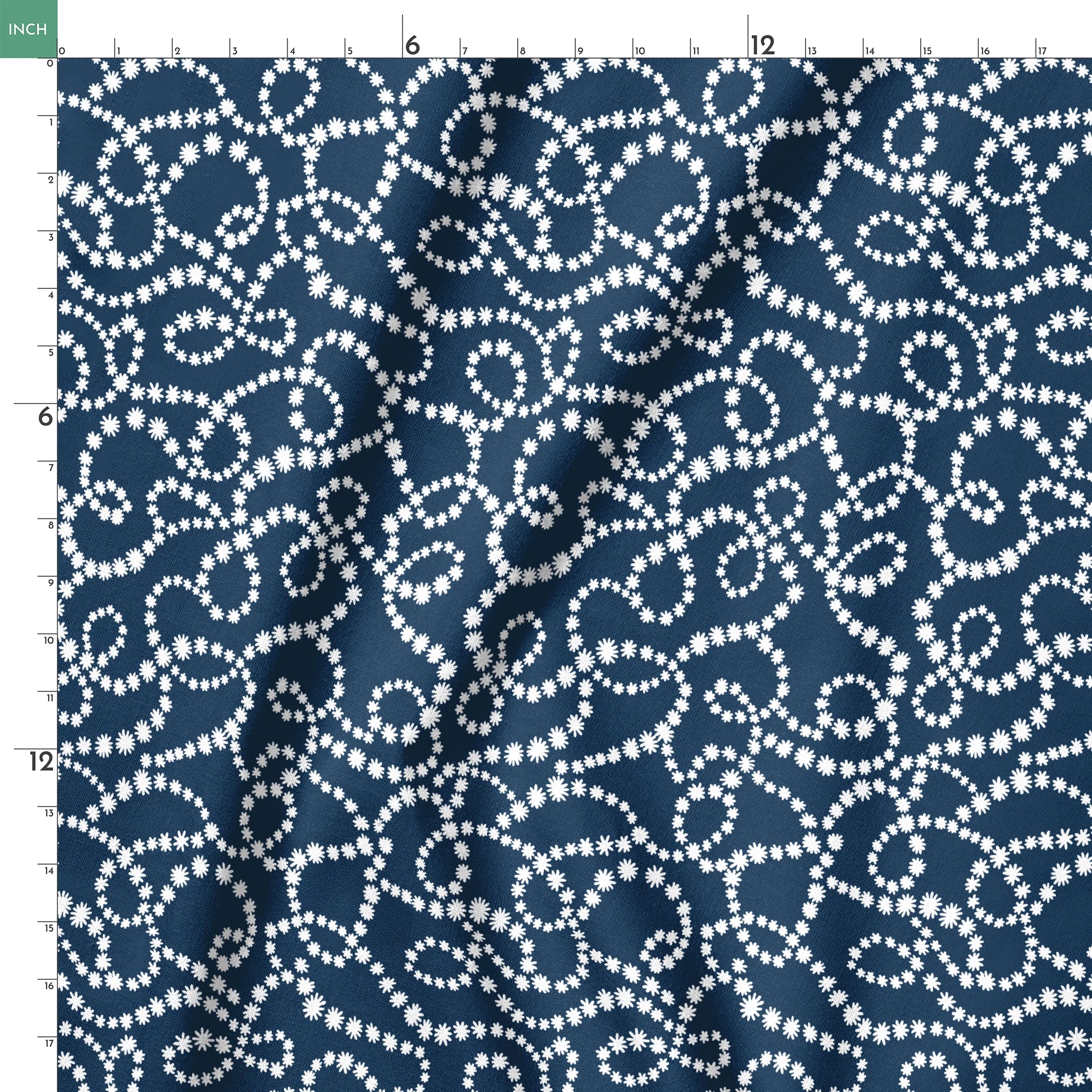 Navy blue background with swirling white dotted patterns creating circular and flowing designs springs ruler 18x18