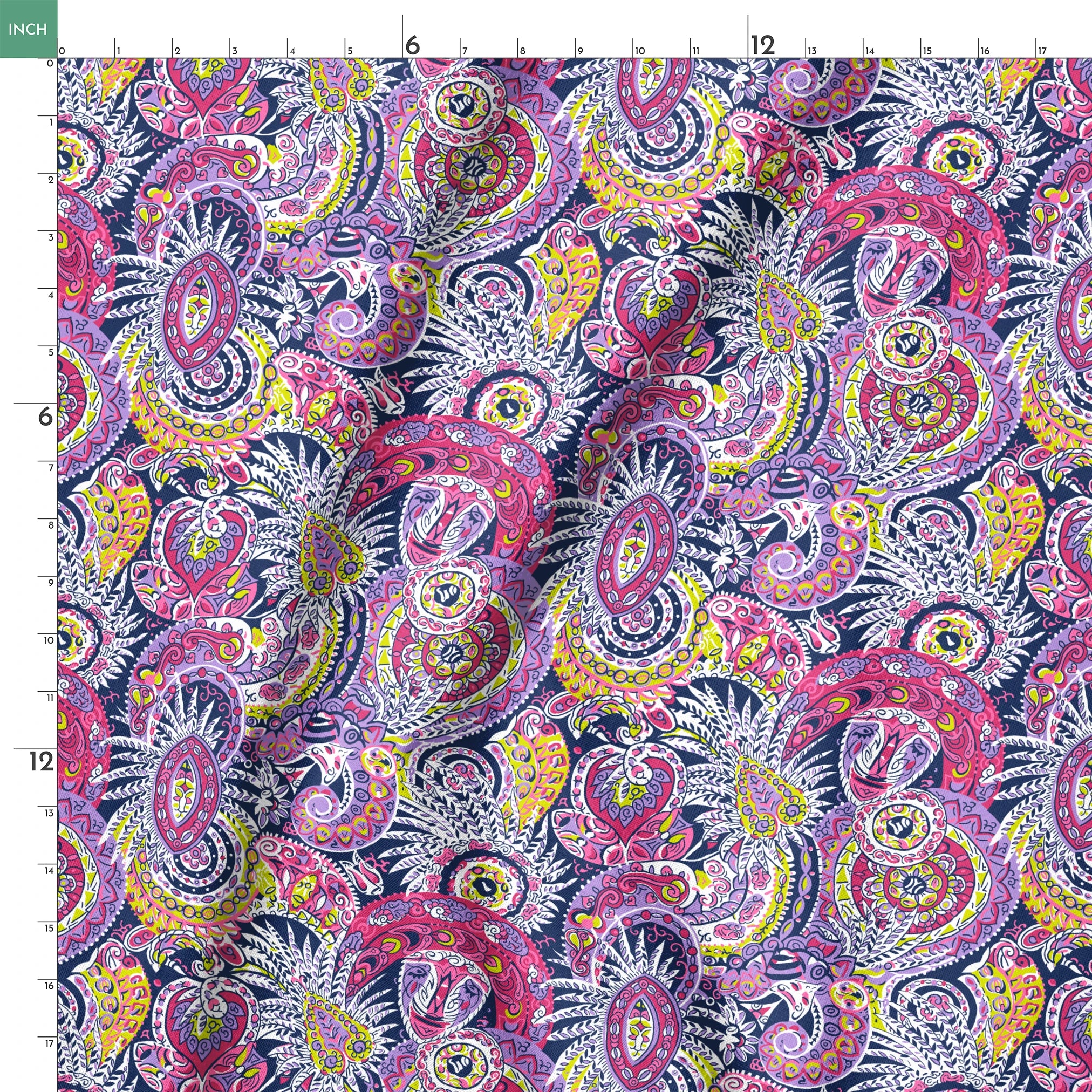 Vibrant paisley pattern in pink, purple, yellow, and blue with intricate swirling designs springs ruler 18x18