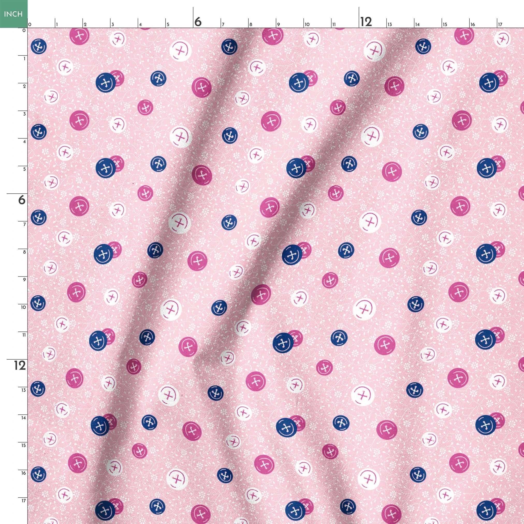 Scattered buttons in white, pink, and navy on a light pink floral background springs ruler 18x18