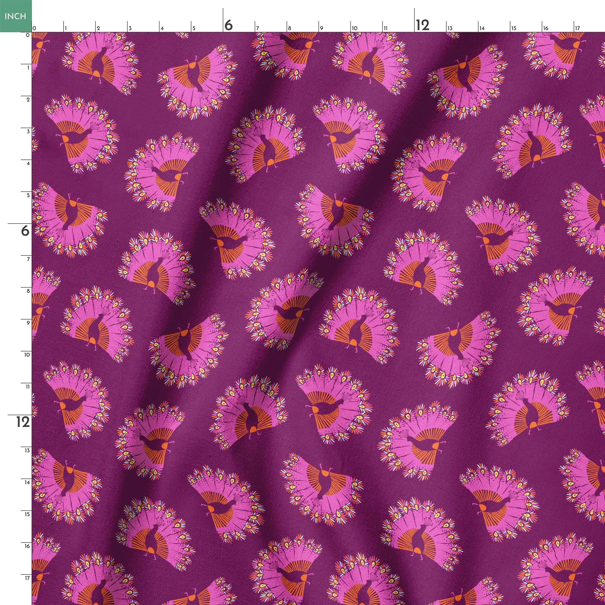 Decorative pattern with peacocks arranged in circular formations against a deep purple background springs ruler 18x18