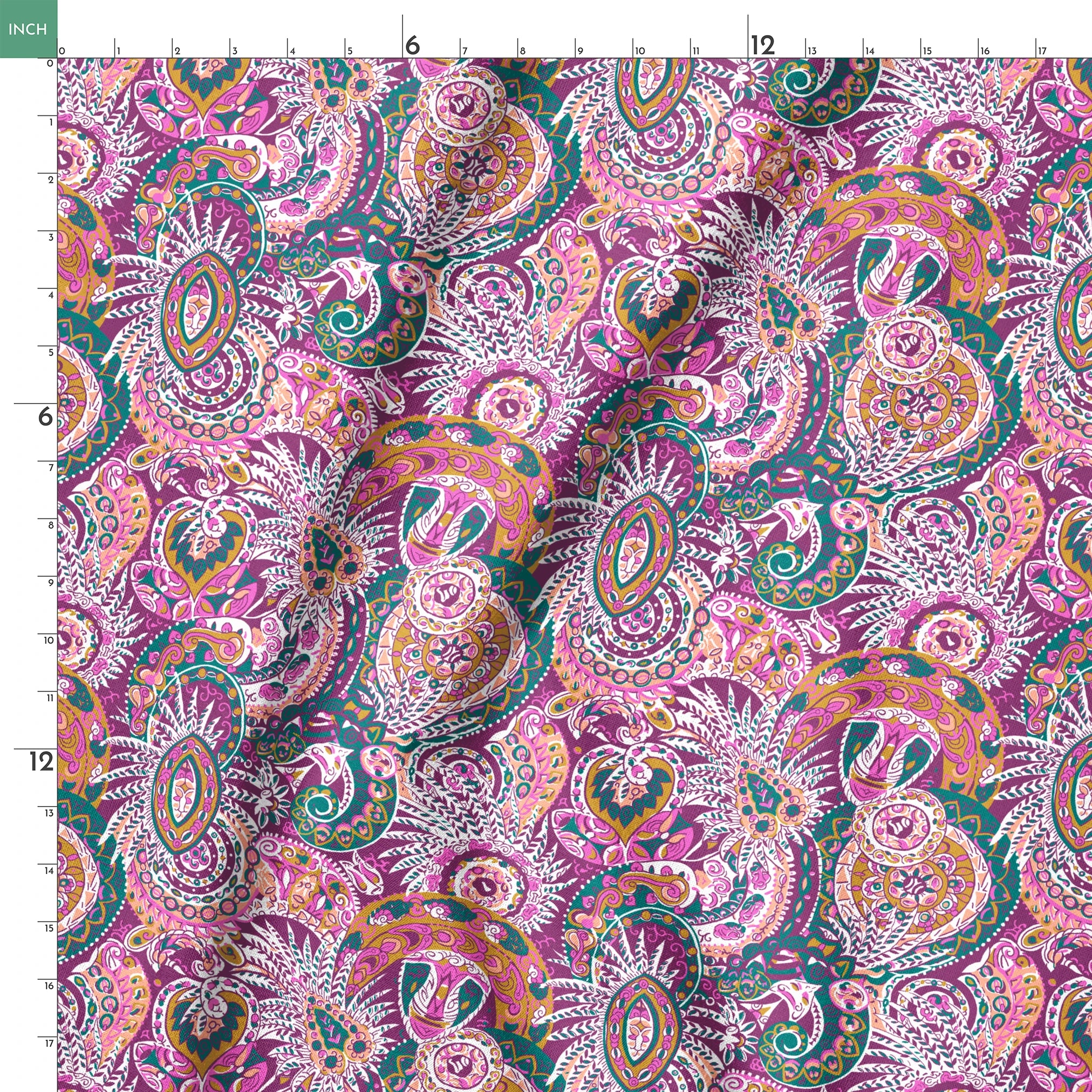 Colorful paisley pattern with intricate swirls in purple, pink, orange, and teal tones springs ruler 18x18