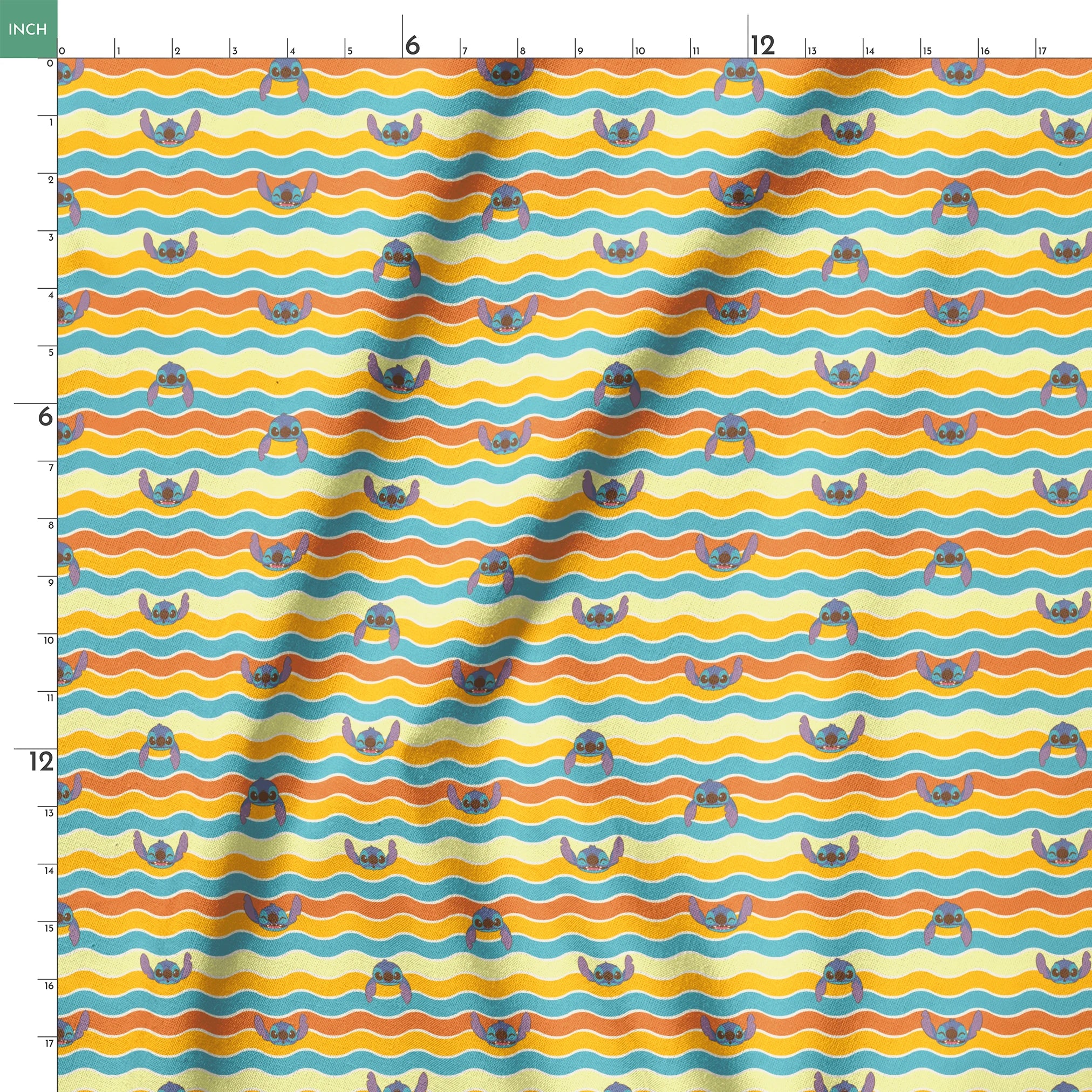 Colorful wavy striped pattern with Stitch peeking between orange, yellow, and teal waves springs ruler 18x18