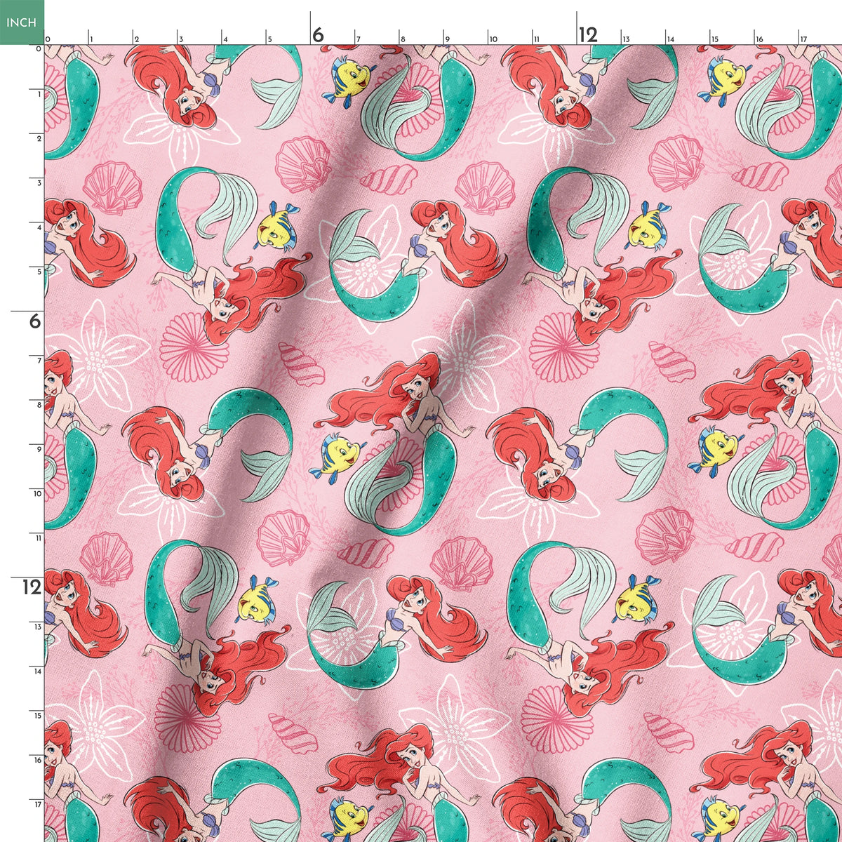 Illustrated pattern of mermaids with red hair and green tails swimming with yellow fish on pink seashell background springs ruler 18x18