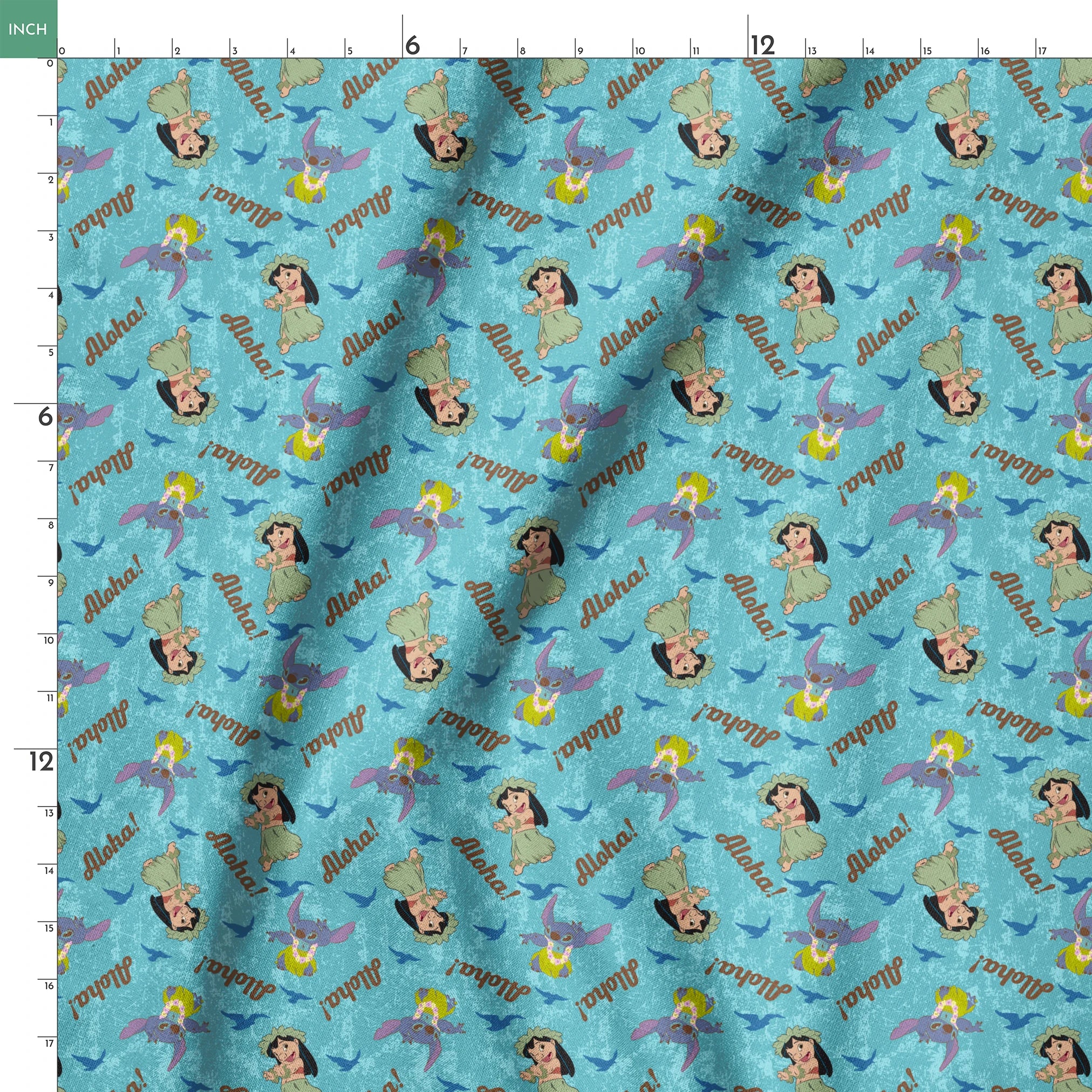Lilo and Stitch pattern on turquoise background with "Aloha!" text and blue silhouettes springs ruler 18x18