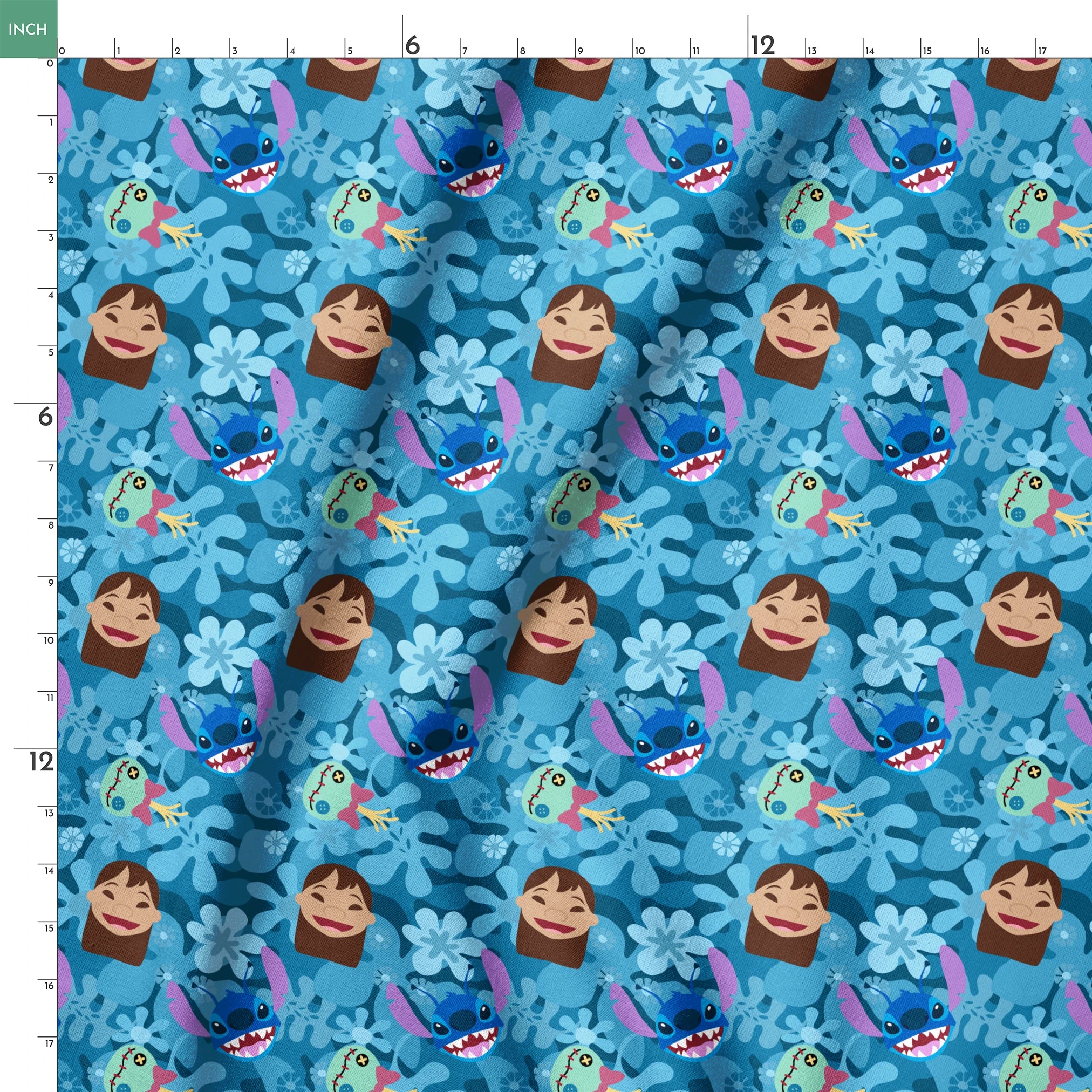 Disney's Stitch among floral elements and smiling faces on turquoise background springs ruler 18x18