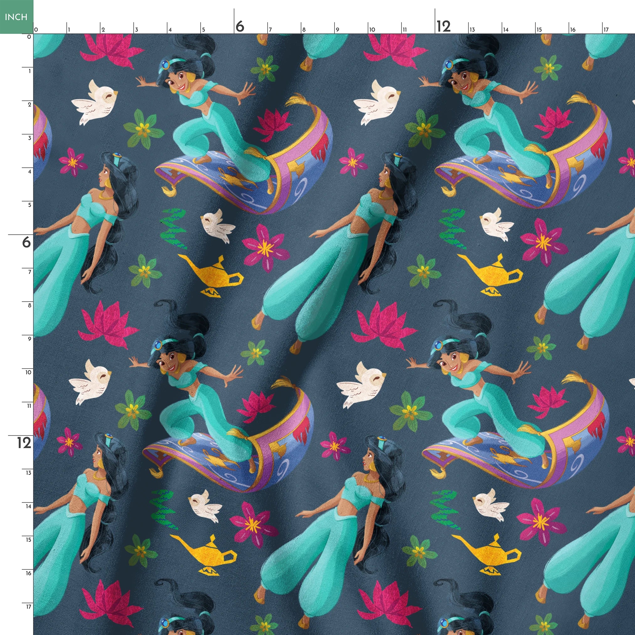 Animated characters in turquoise outfits flying on magic carpets with white doves, lotus flowers, and a golden lamp against dark background. springs ruler 18x18