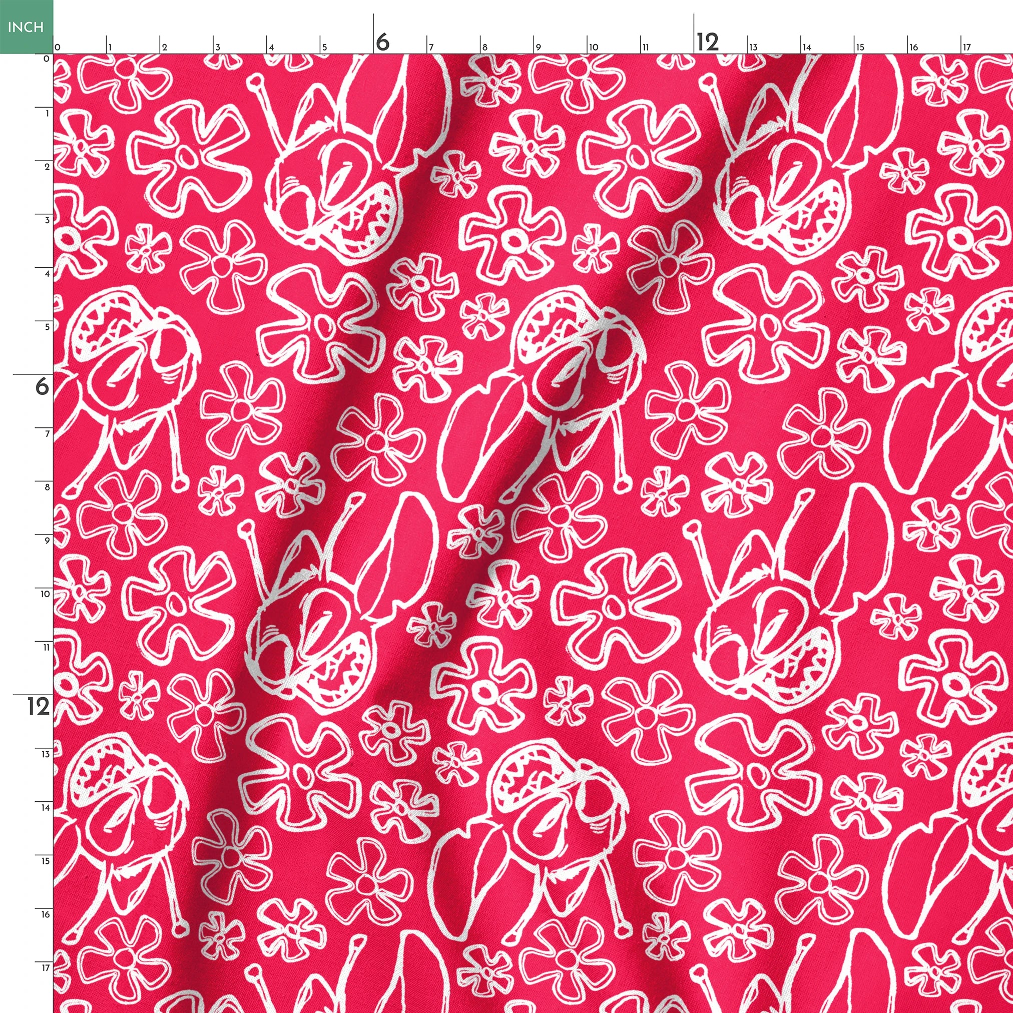 White flower doodles and Disney's Stitch on bright red background, hand-drawn style pattern springs ruler 18x18