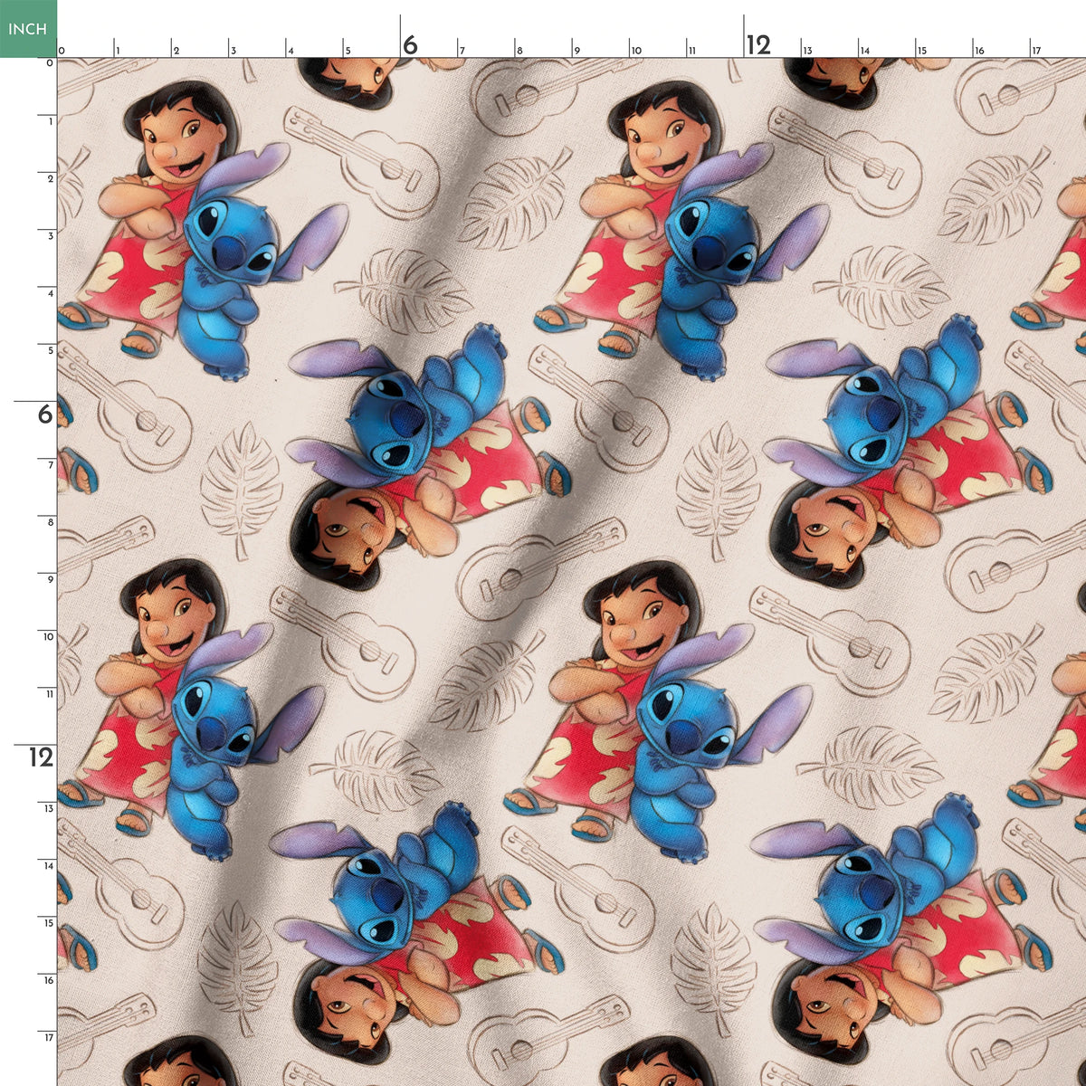 Lilo and Stitch fabric with leaf and guitar pattern background springs ruler 18x18