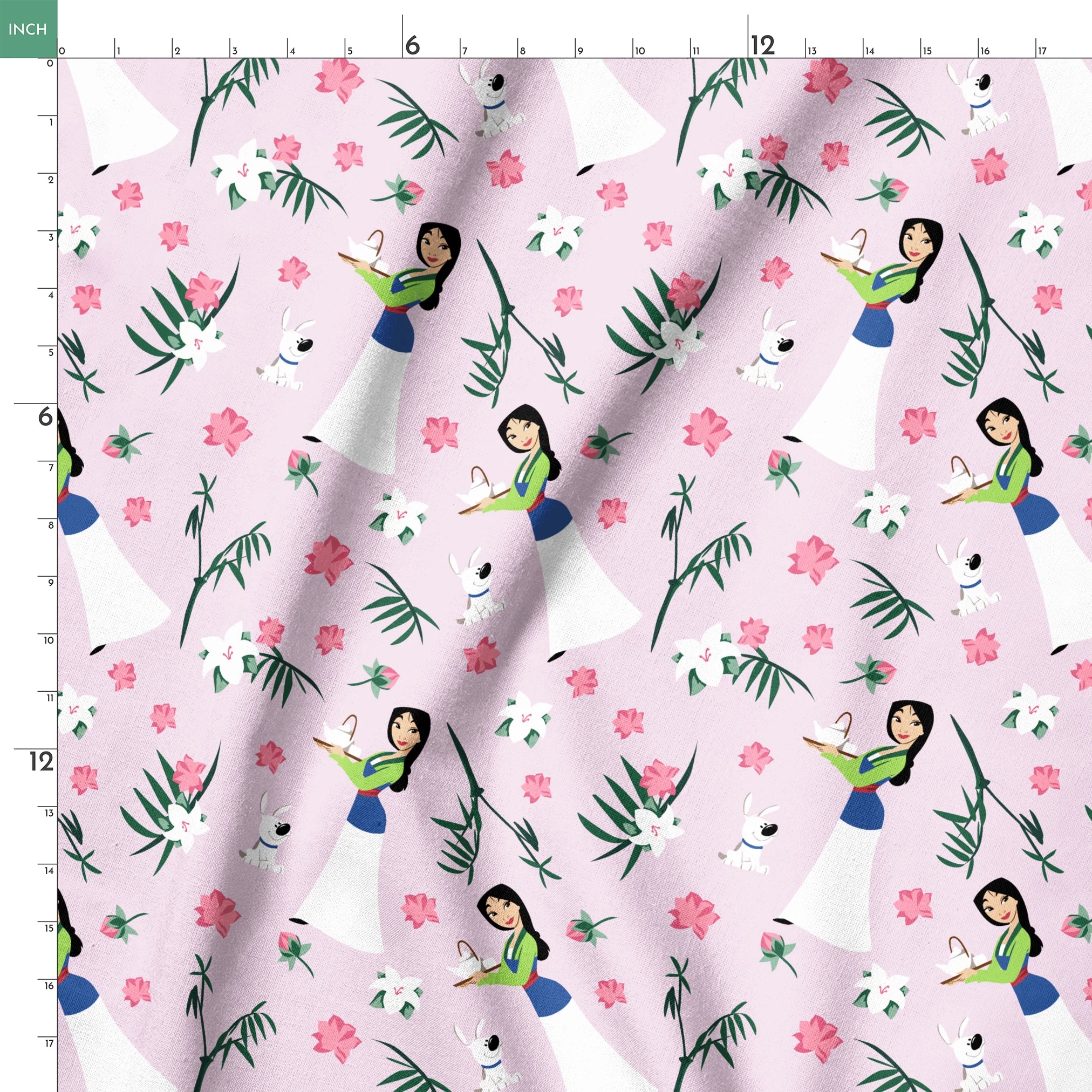 Illustrated pattern on light purple background with cartoon figures in white dresses, pink flowers, green palm leaves, and white rabbits. springs ruler 18x18