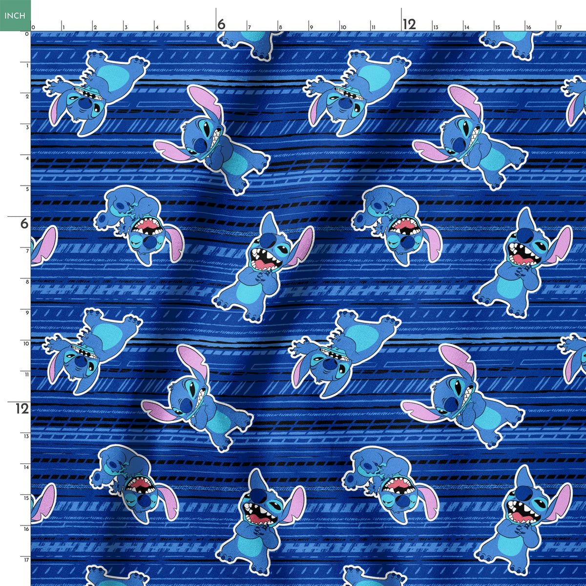 Blue background with Disney Stitch characters in various playful poses, featuring blue fur and pink ears springs ruler 18x18