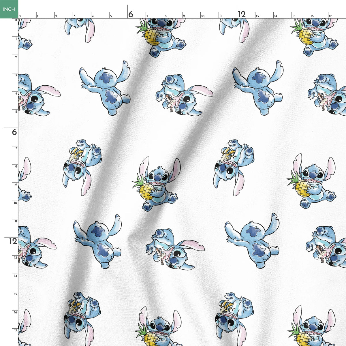 Disney's Stitch in various playful poses, some holding pineapples, on white background springs ruler 18x18