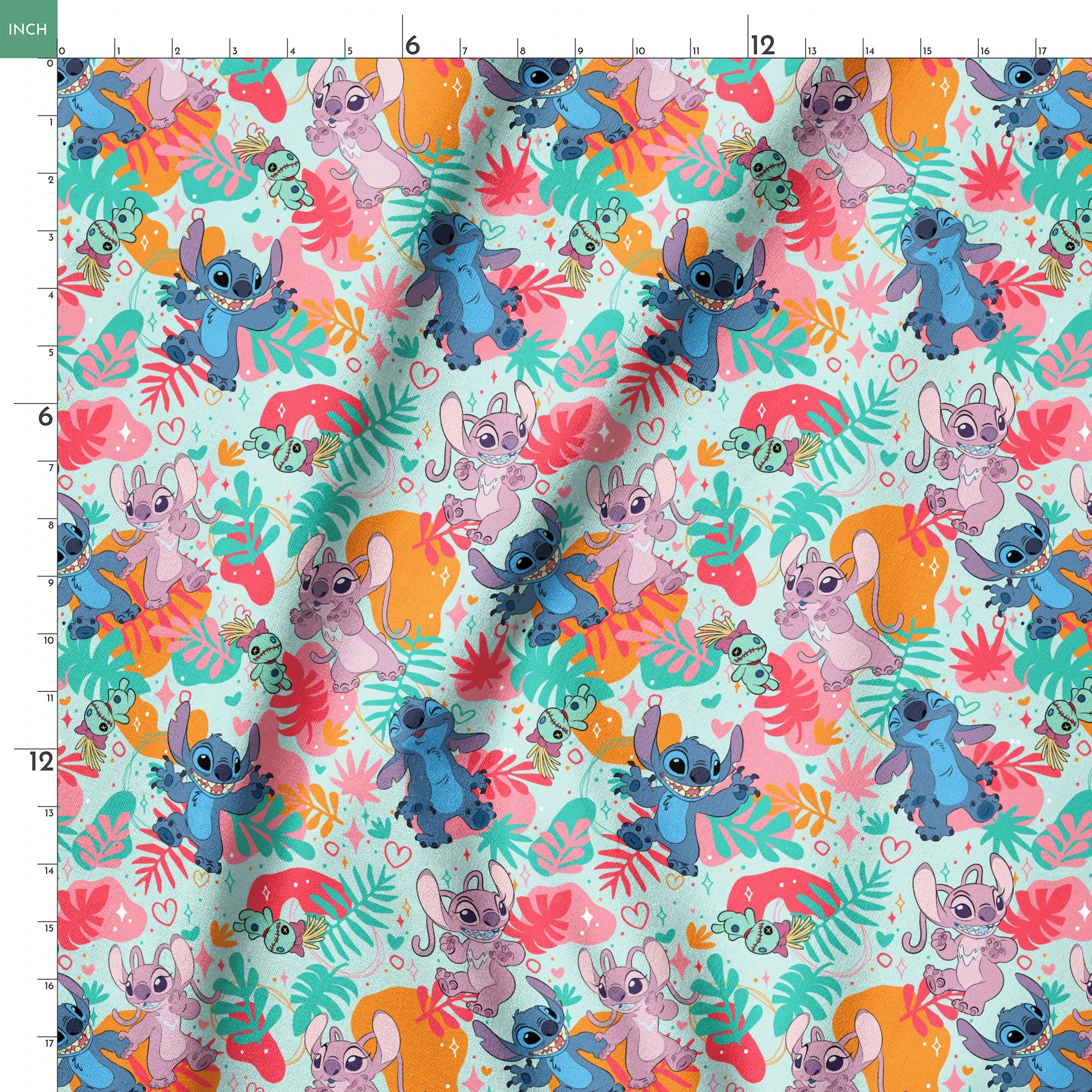 Colorful Stitch pattern with characters from Lilo & Stitch amid tropical leaves on turquoise background springs ruler 18x18