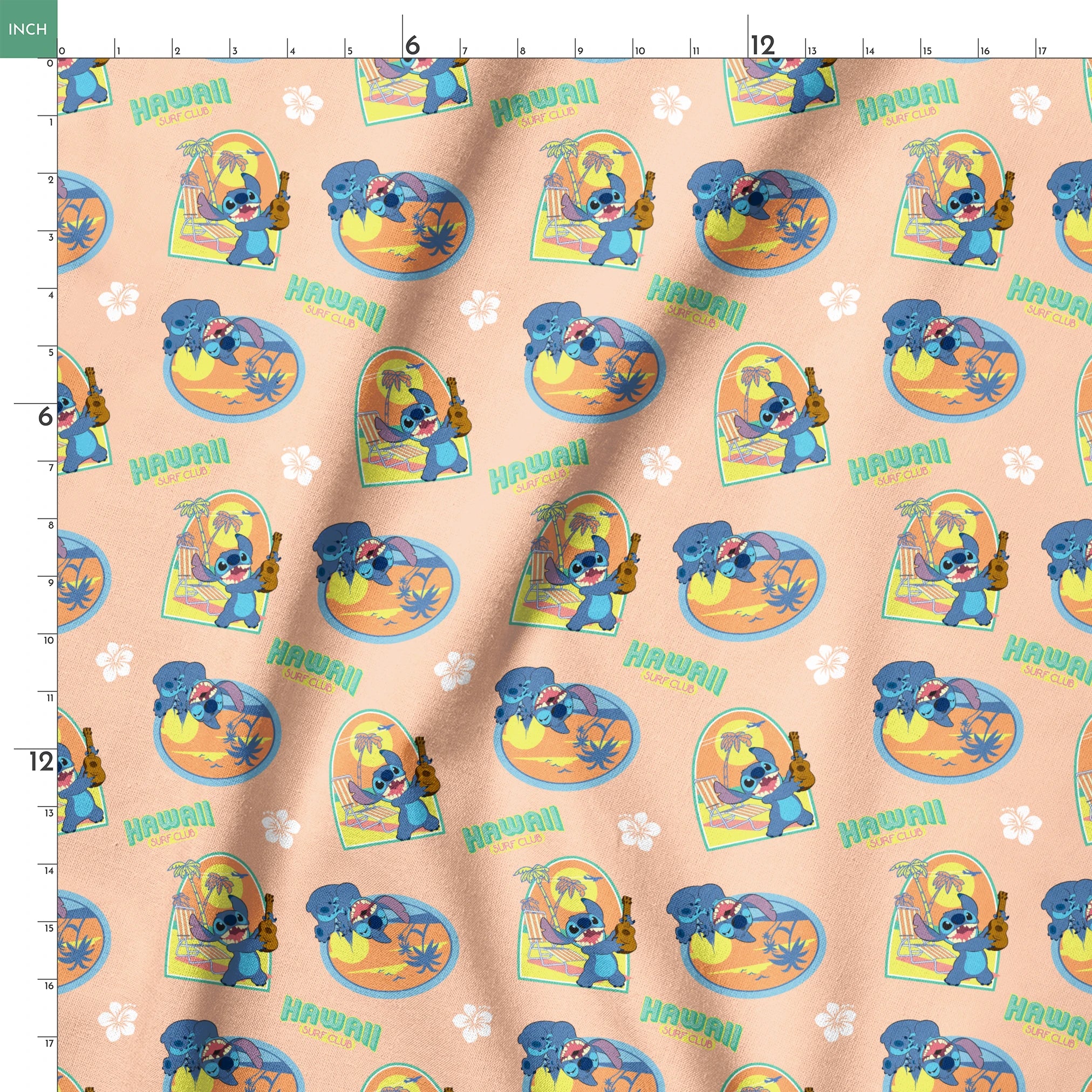 Disney's Stitch character on peach background with Hawaii-themed illustrations featuring surfboards, ukulele, and tropical imagery springs ruler 18x18