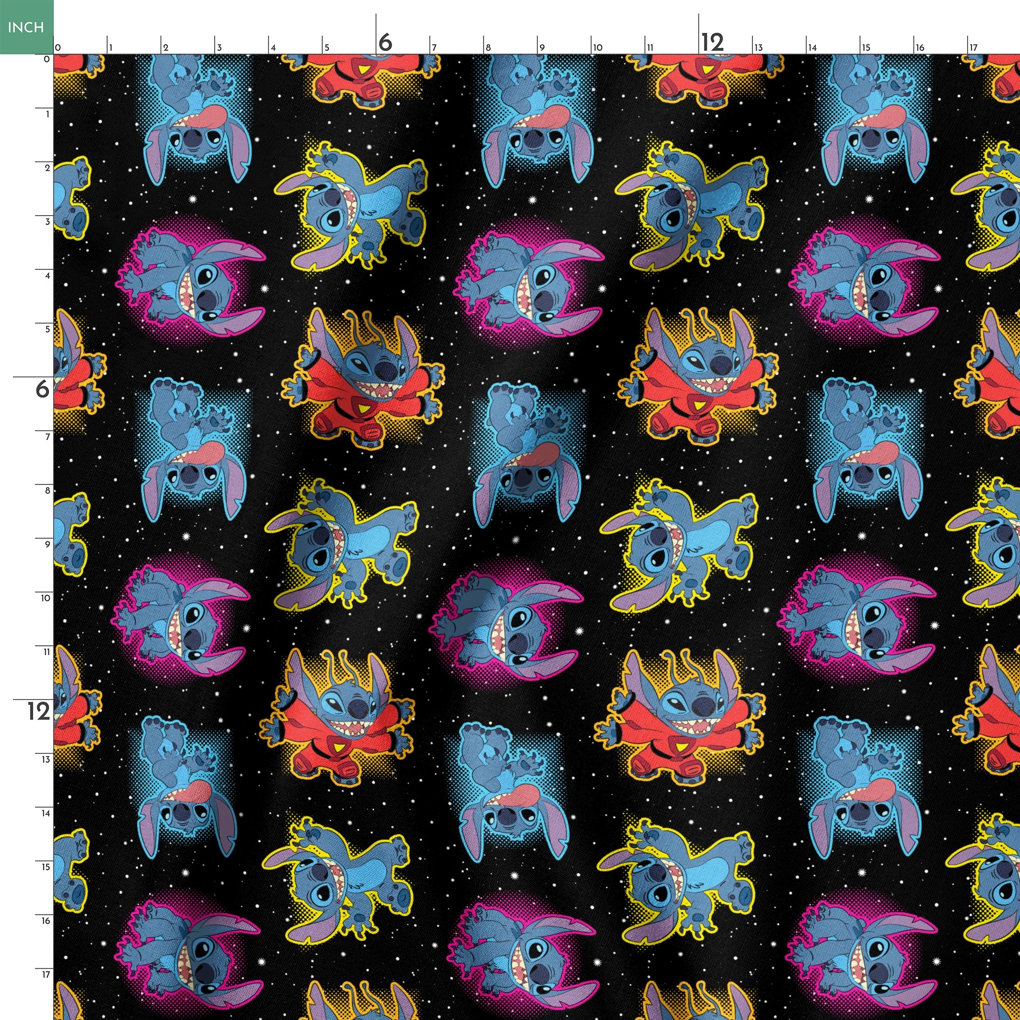 Colorful Stitch with pink accents on black starry background pattern springs ruler 18x18
