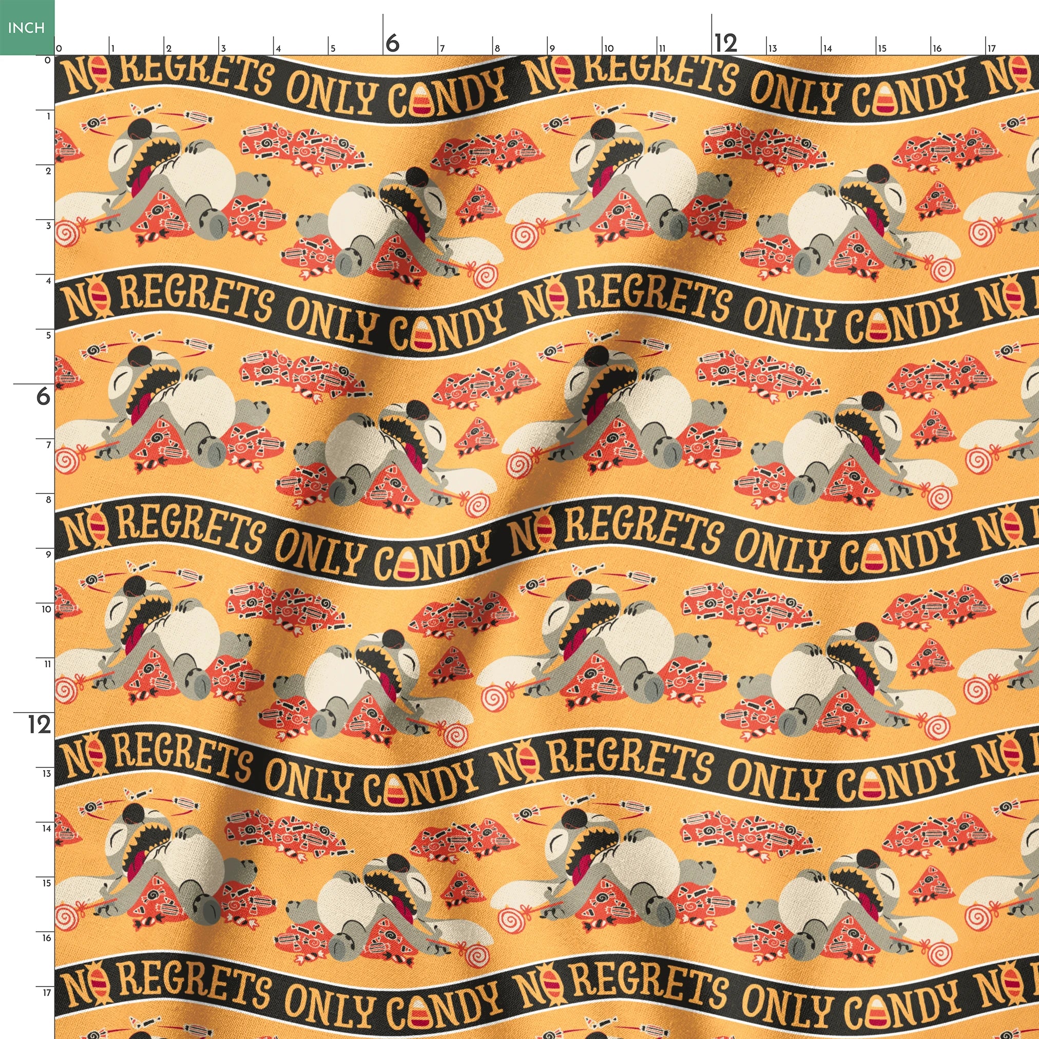 Repeating pattern with "NO REGRETS ONLY CANDY" text, featuring Disney's Stitch and candy corn on orange background. springs ruler 18x18