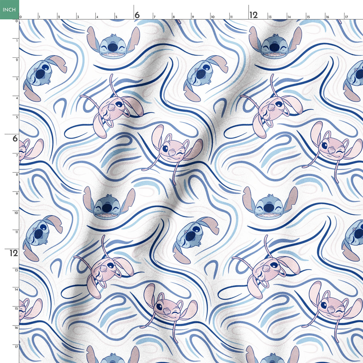 Blue alien character with large ears in various poses on swirling blue and white pattern background springs ruler 18x18