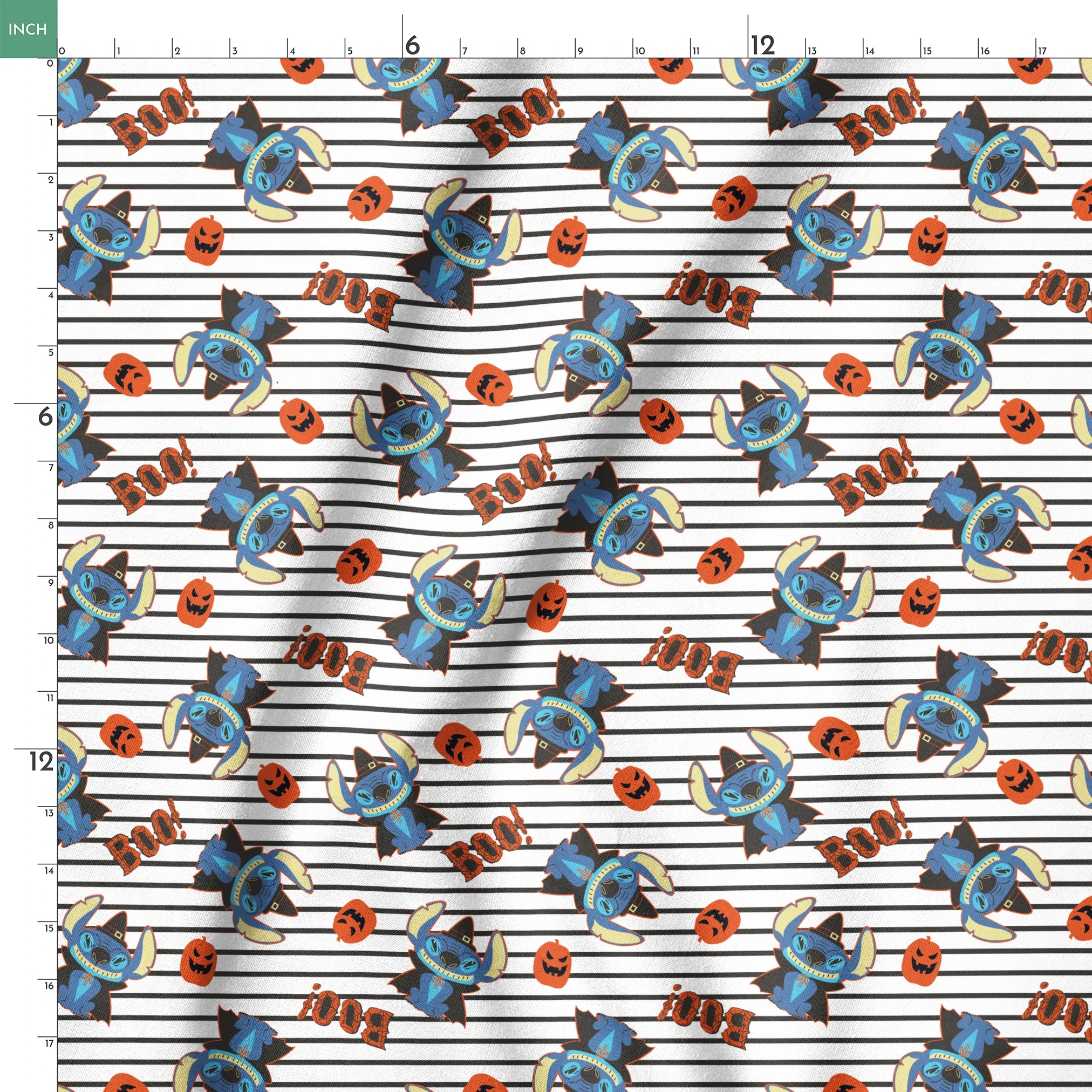 Disney's Stitch with witch hat alongside orange pumpkins on black and white striped background springs ruler 18x18