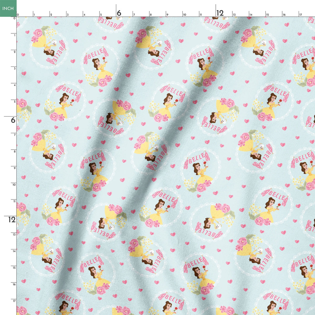 Princess Belle pattern with yellow dress, "Belle" text, hearts, and flowers on light blue background springs ruler 18x18