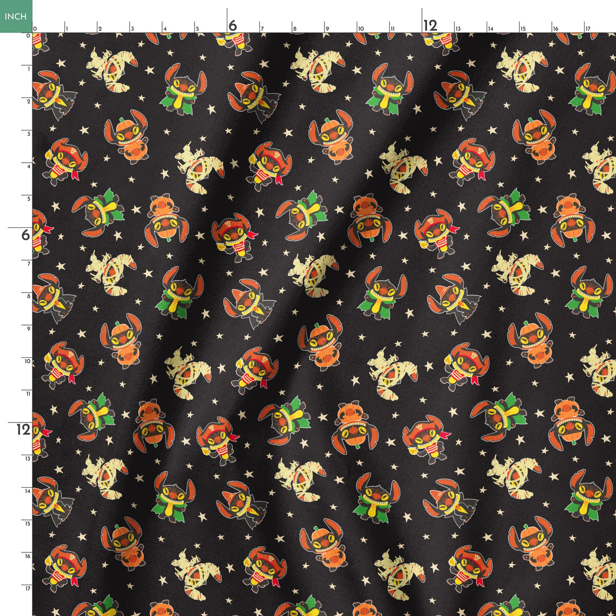 Pattern of Stitch in vibrant colors on black background with stars springs ruler 18x18