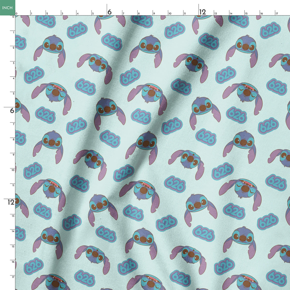 Blue cartoon creatures with large ears and swirl patterns on light teal background springs ruler 18x18