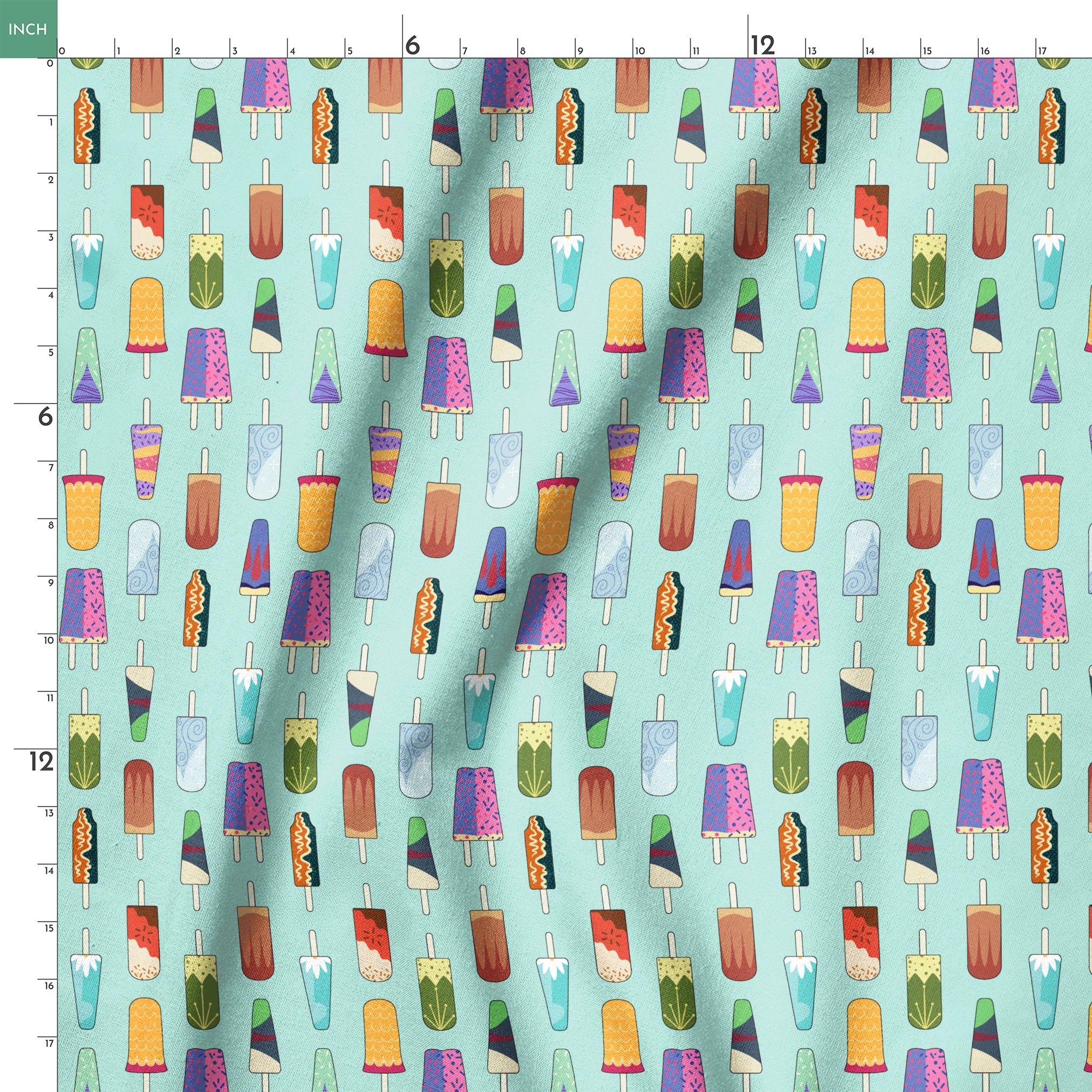 Disney Princess popsicle pattern on light teal background with various ice cream designs and styles springs ruler 18x18