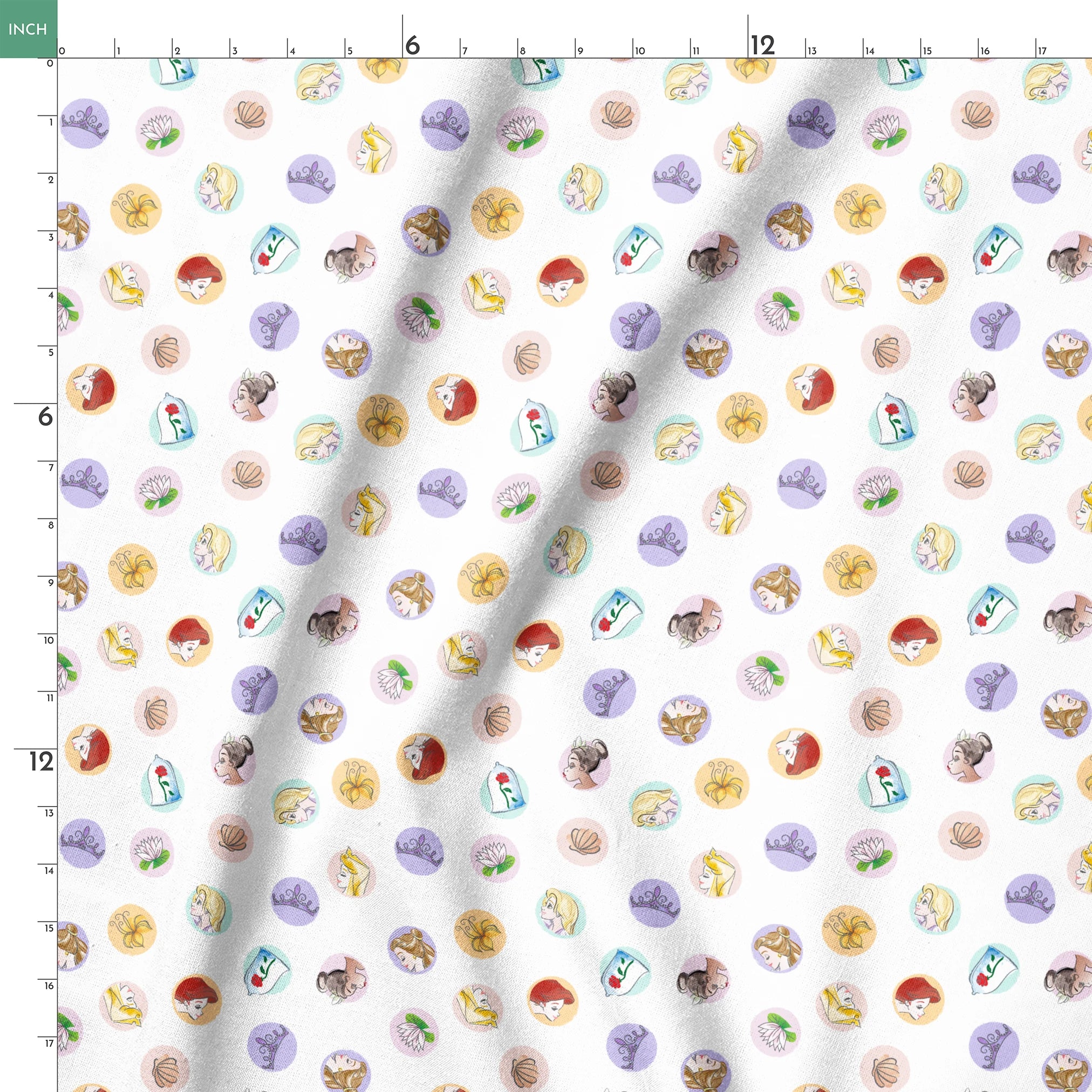 Colorful circular illustrations featuring Disney Princesses and symbols on white background springs ruler 18x18