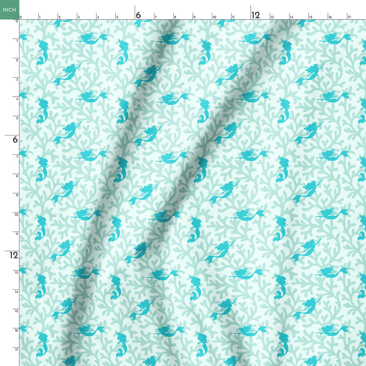 Abstract pattern with light mint green coral shapes and The Little Mermaid silhouettes springs ruler 18x18