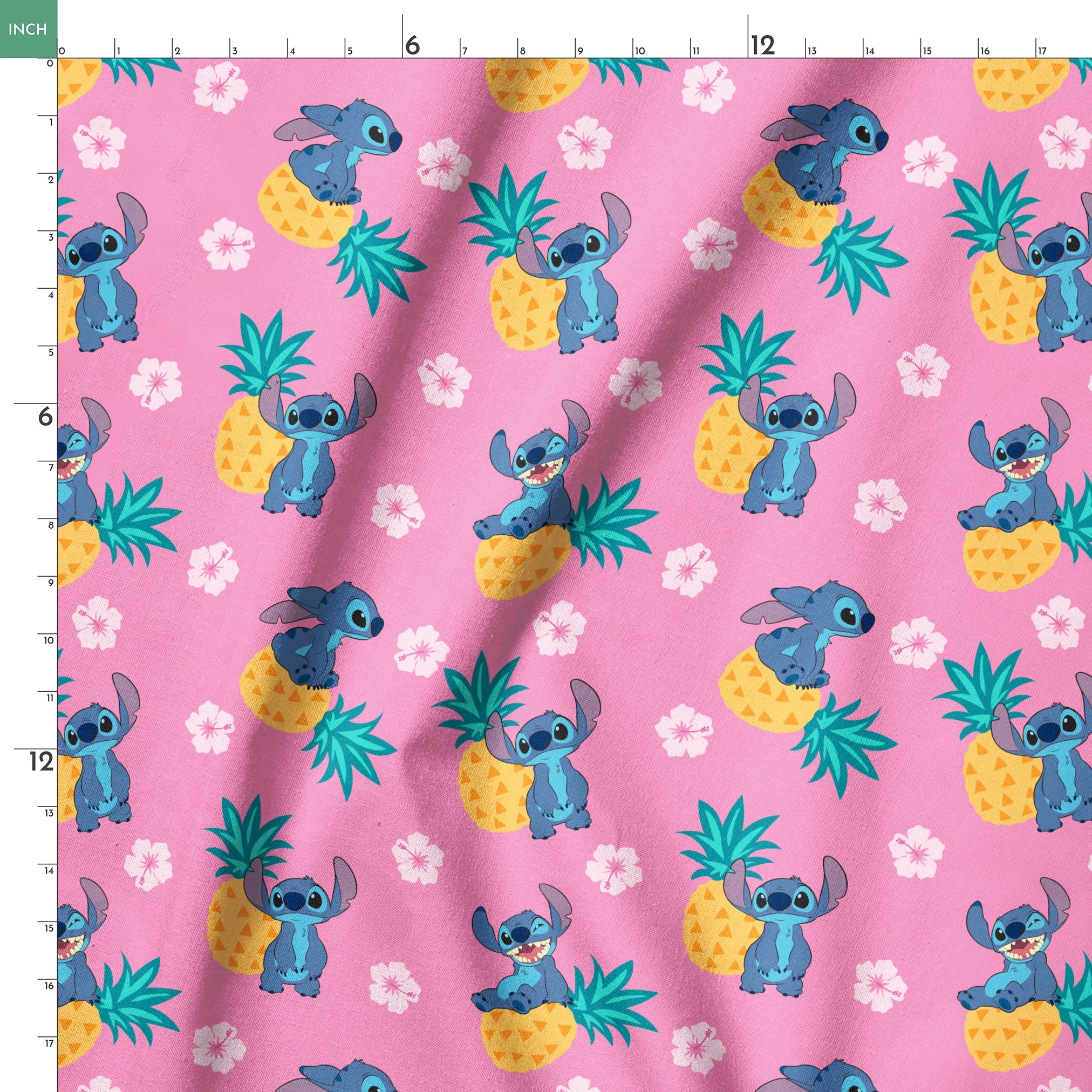 Stitch characters with pineapples and white hibiscus flowers on pink background pattern springs ruler 18x18