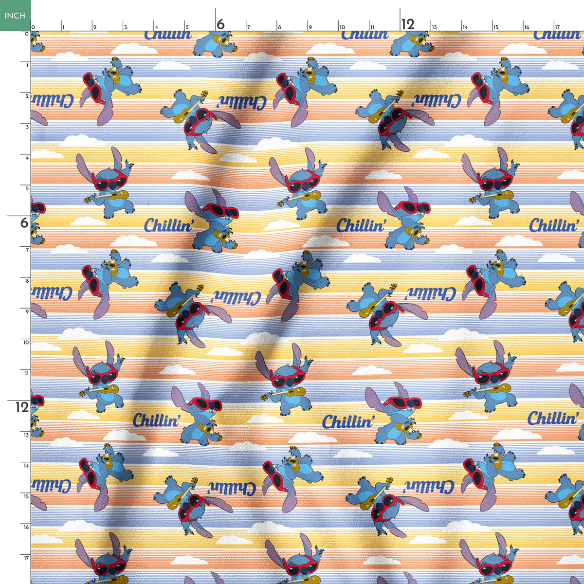 Stitch cartoon character pattern on striped yellow and blue background with "Chillin'" text springs ruler 18x18