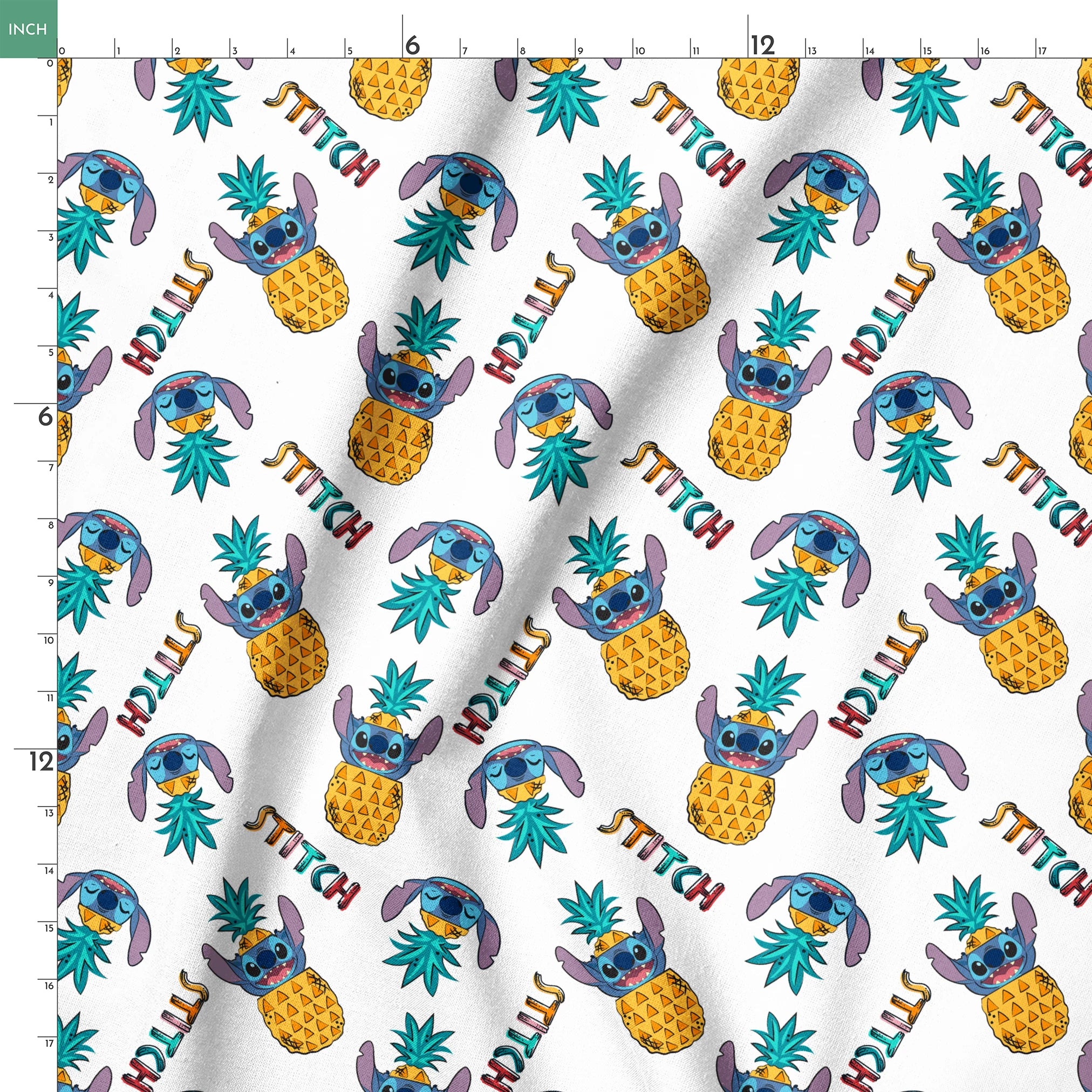 Colorful pattern of cartoon blue creatures with long ears inside pineapples, with "Stitch" text springs ruler 18x18