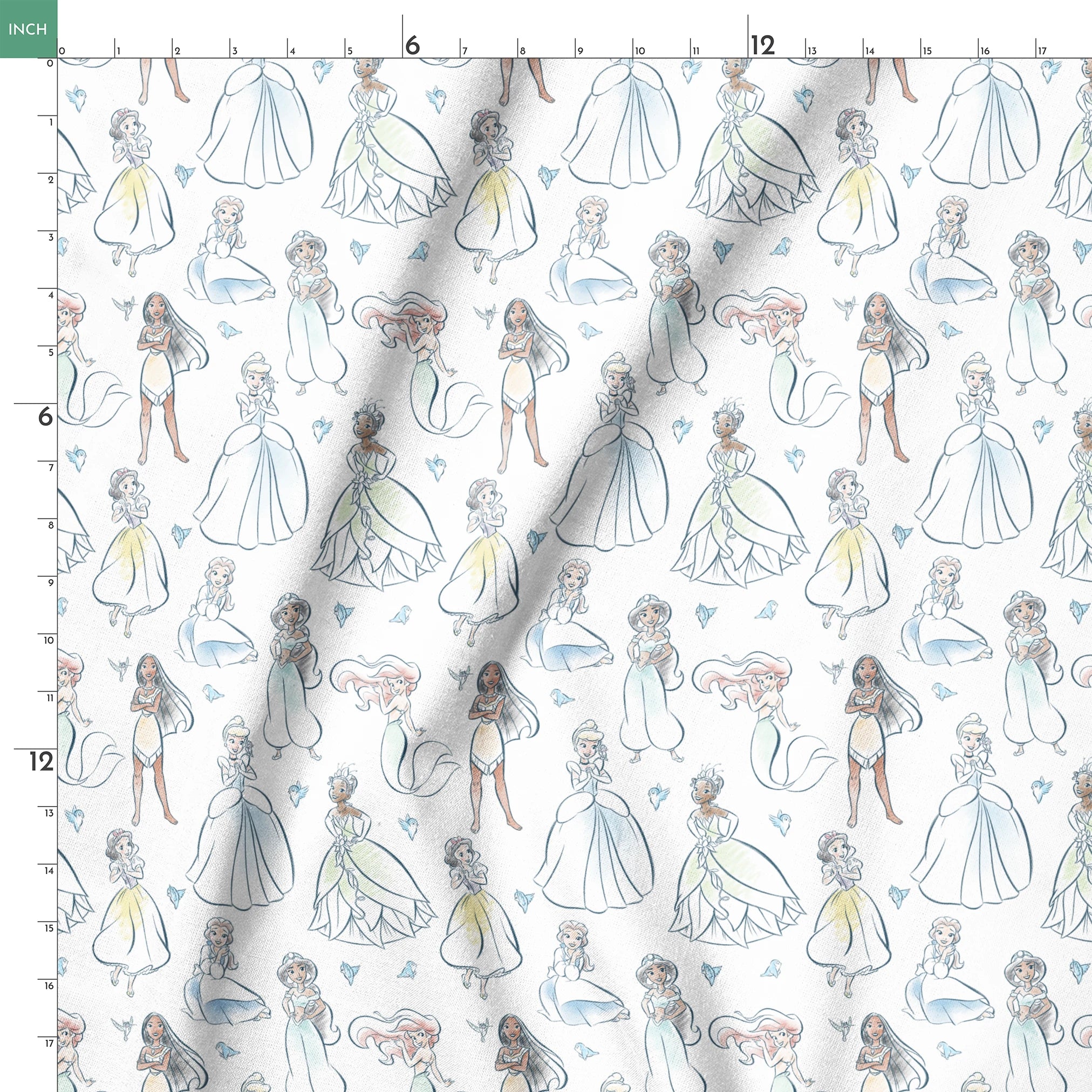 Illustrated pattern of Disney princesses in elegant dresses with sparkles on light background springs ruler 18x18