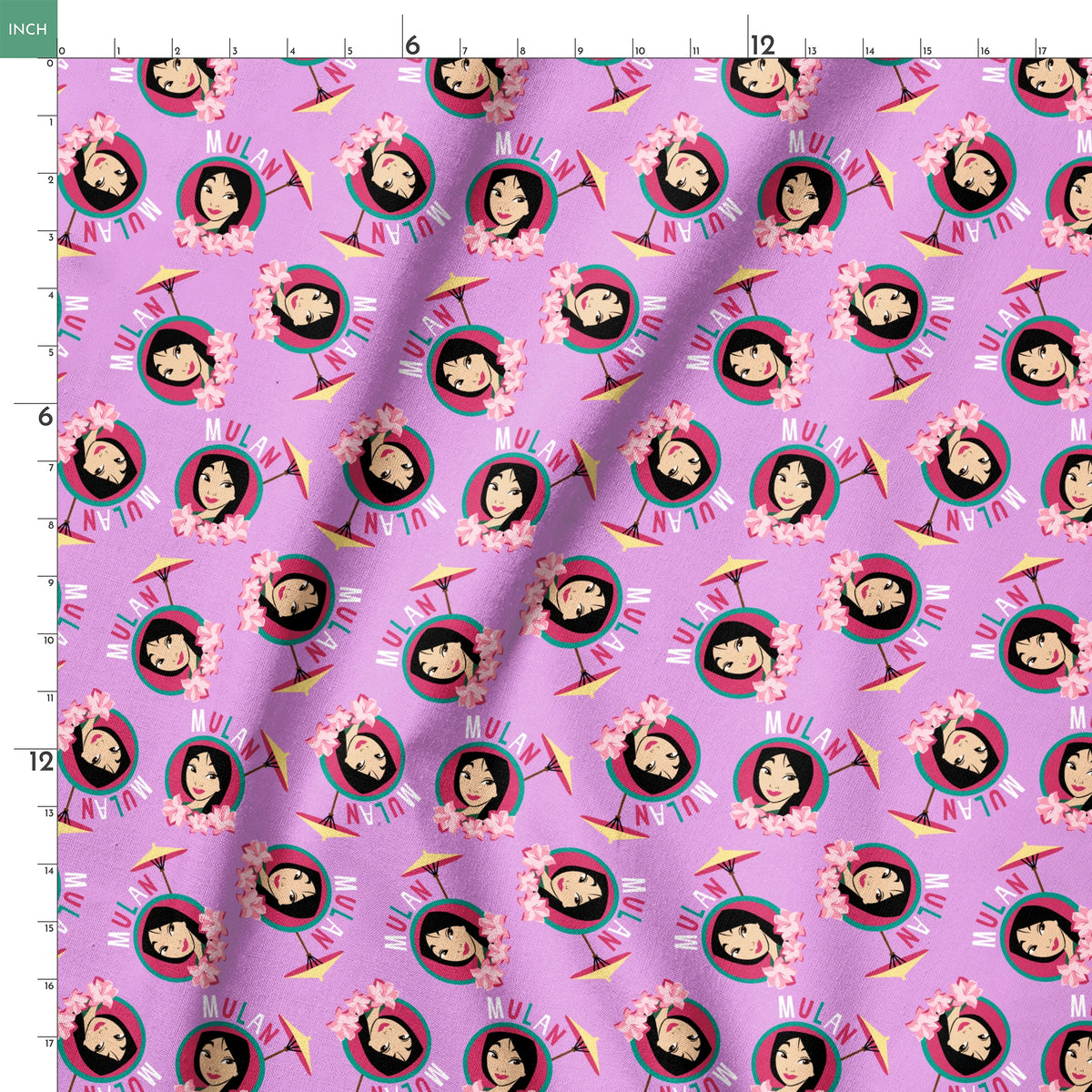 Animated character portrait pattern on purple background with pink flowers and yellow parasols springs ruler 18x18