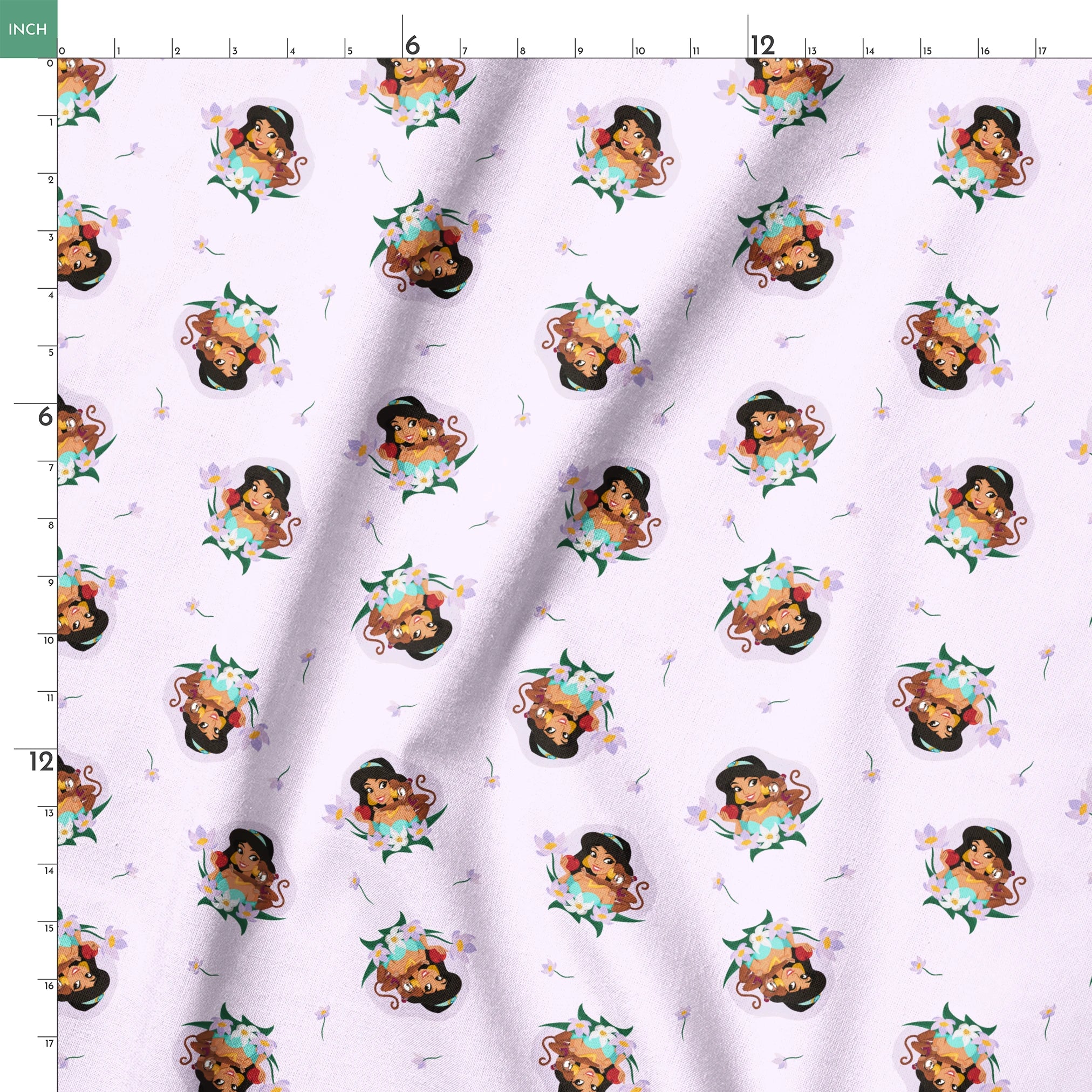 Cartoon pattern of Princess Jasmine with tiger cub surrounded by flowers on light pink background springs ruler 18x18