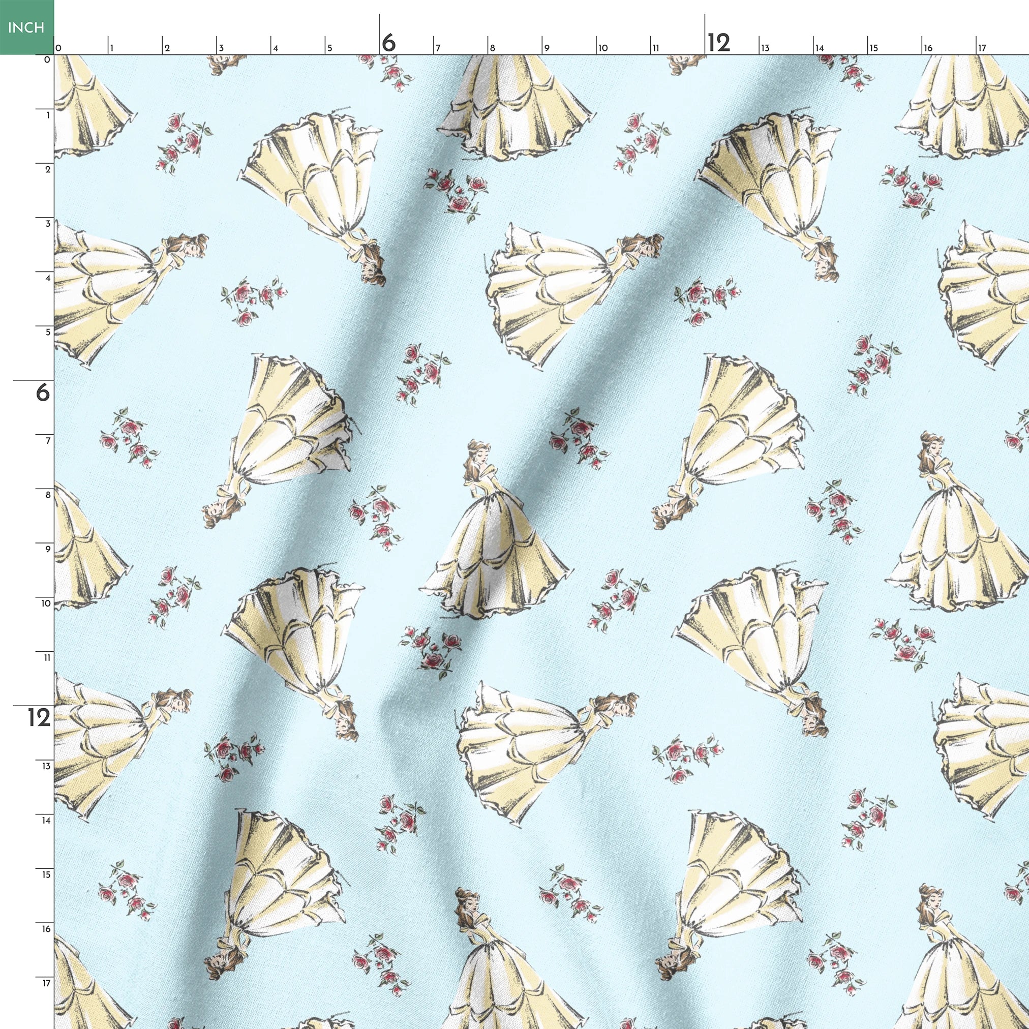 Light yellow pleated bell-shaped objects with small pink floral accents scattered on pale blue background springs ruler 18x18