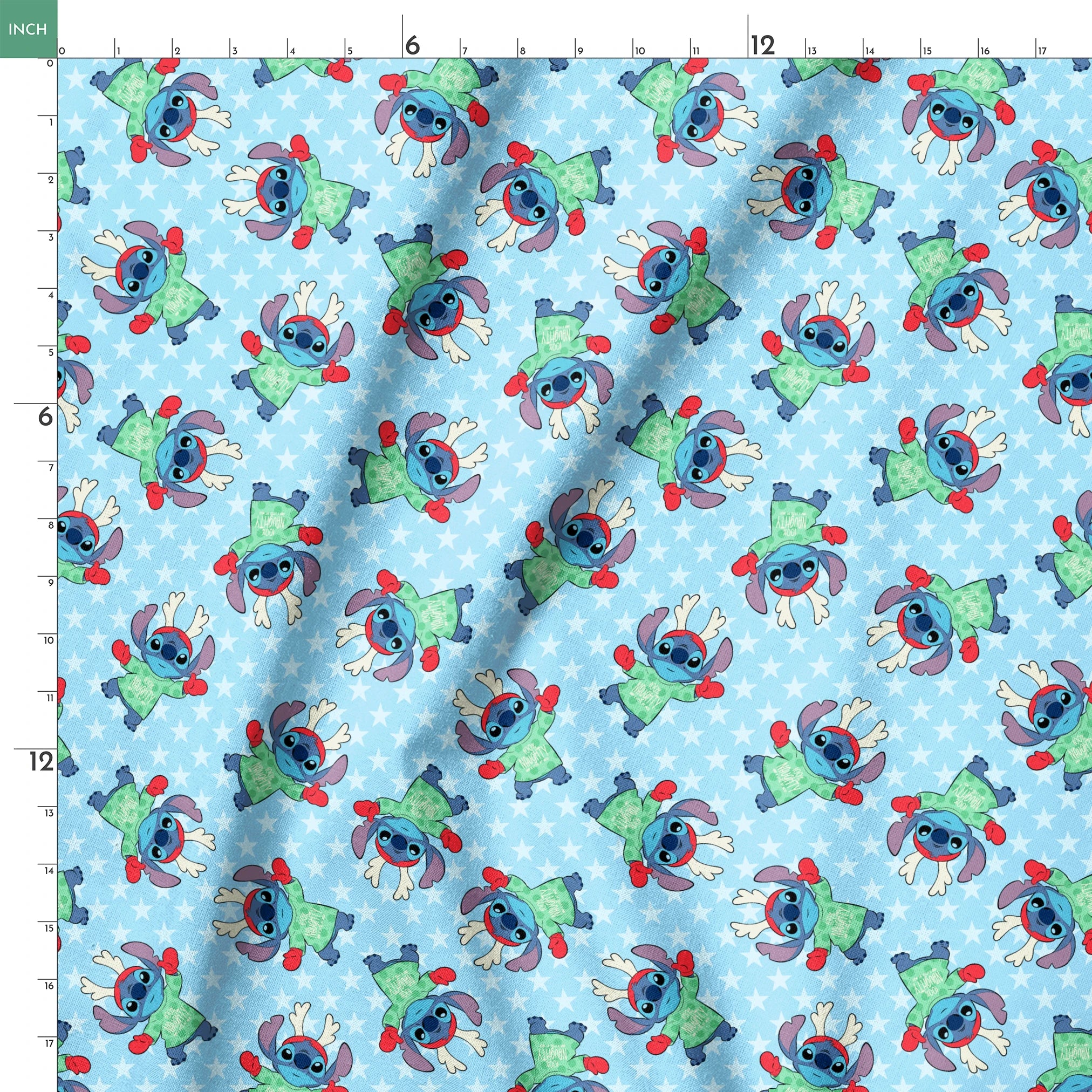 A repeating pattern of Disney's Stitch in holiday outfits with Christmas trees on light blue snowflake background. springs ruler 18x18