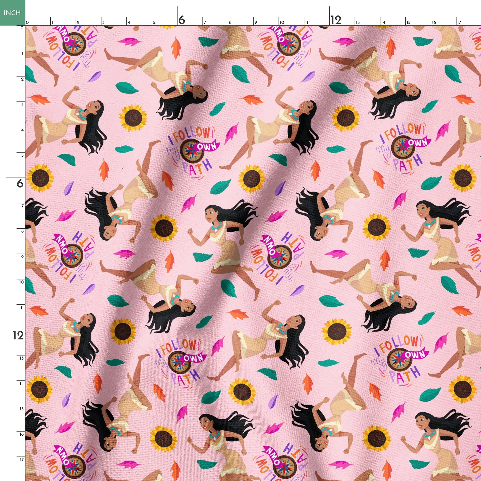 Colorful pattern with figures in relaxed poses, sunflowers, and text "Hi I Follow My Own Path" on pink background springs ruler 18x18