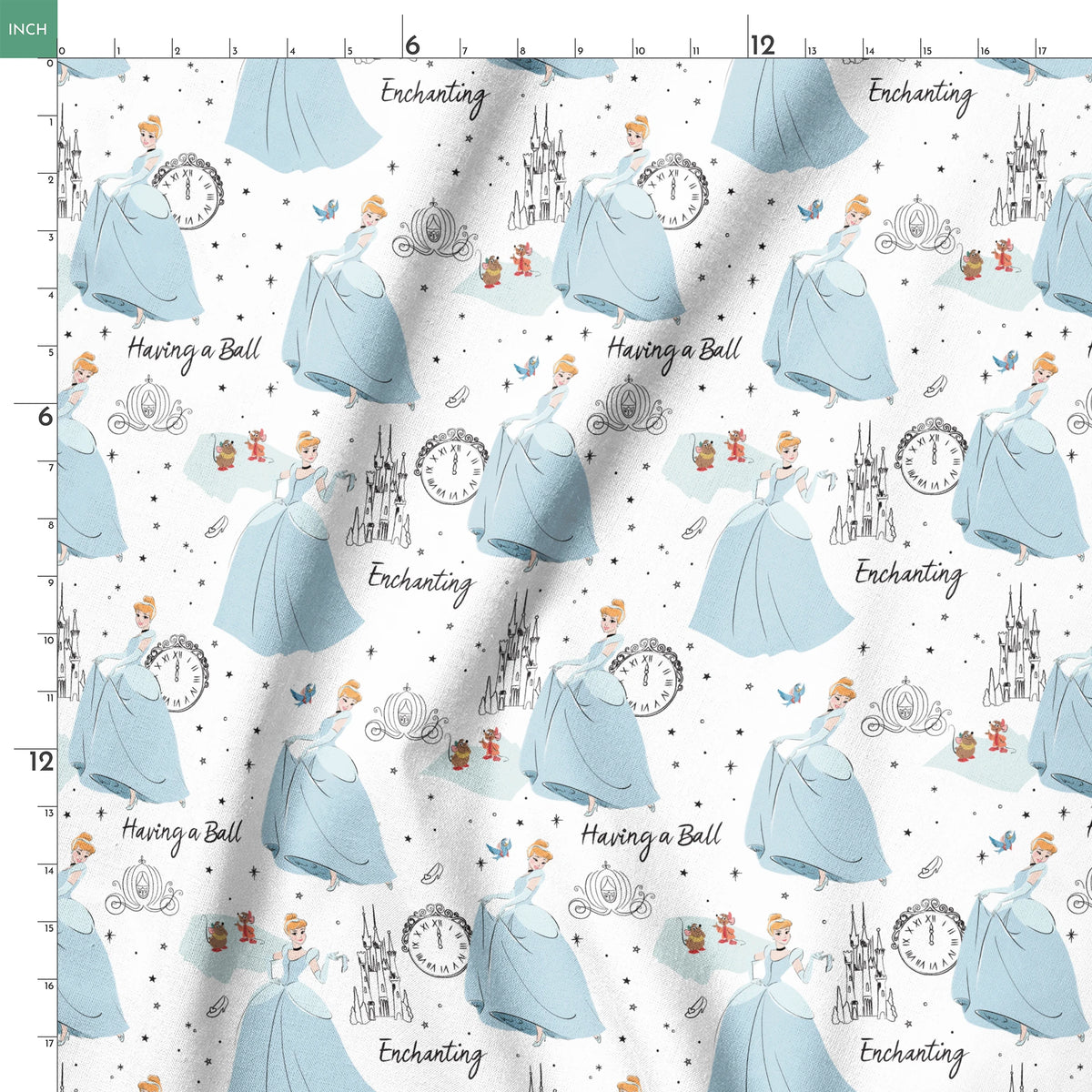 Whimsical pattern featuring cartoon princess in blue gown, clocks, castles, carriages and "Enchanting" text on white background springs ruler 18x18