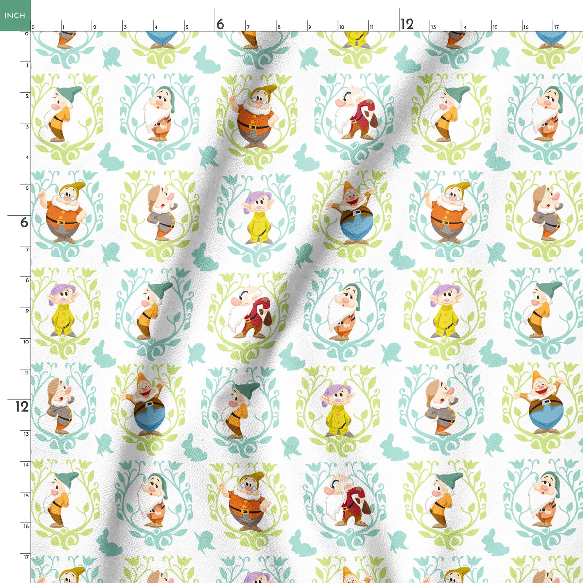 Cartoon pattern of Snow White's seven dwarfs in decorative floral frames on light background springs ruler 18x18