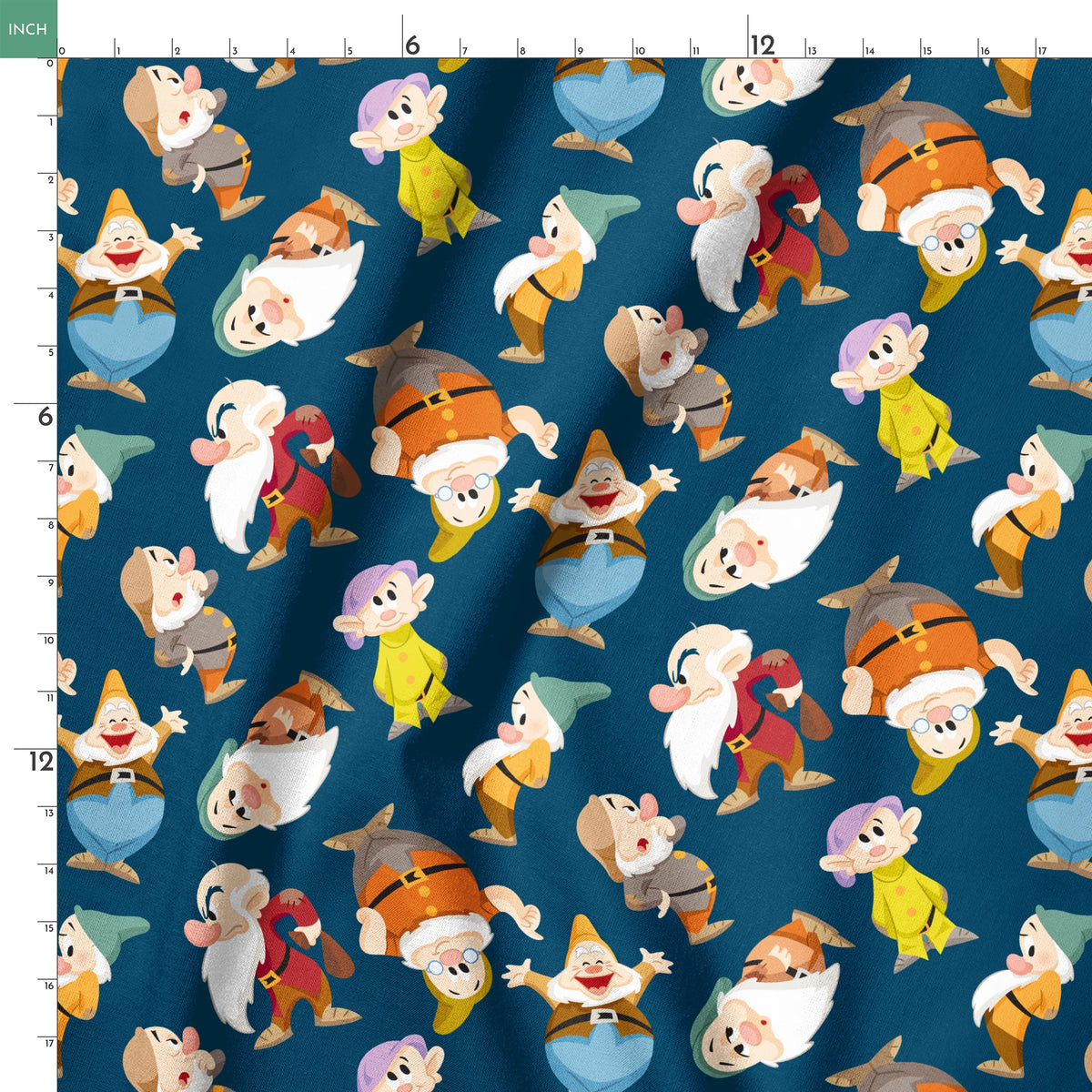 Colorful pattern of cartoon dwarfs in various outfits and poses on a deep blue background springs ruler 18x18